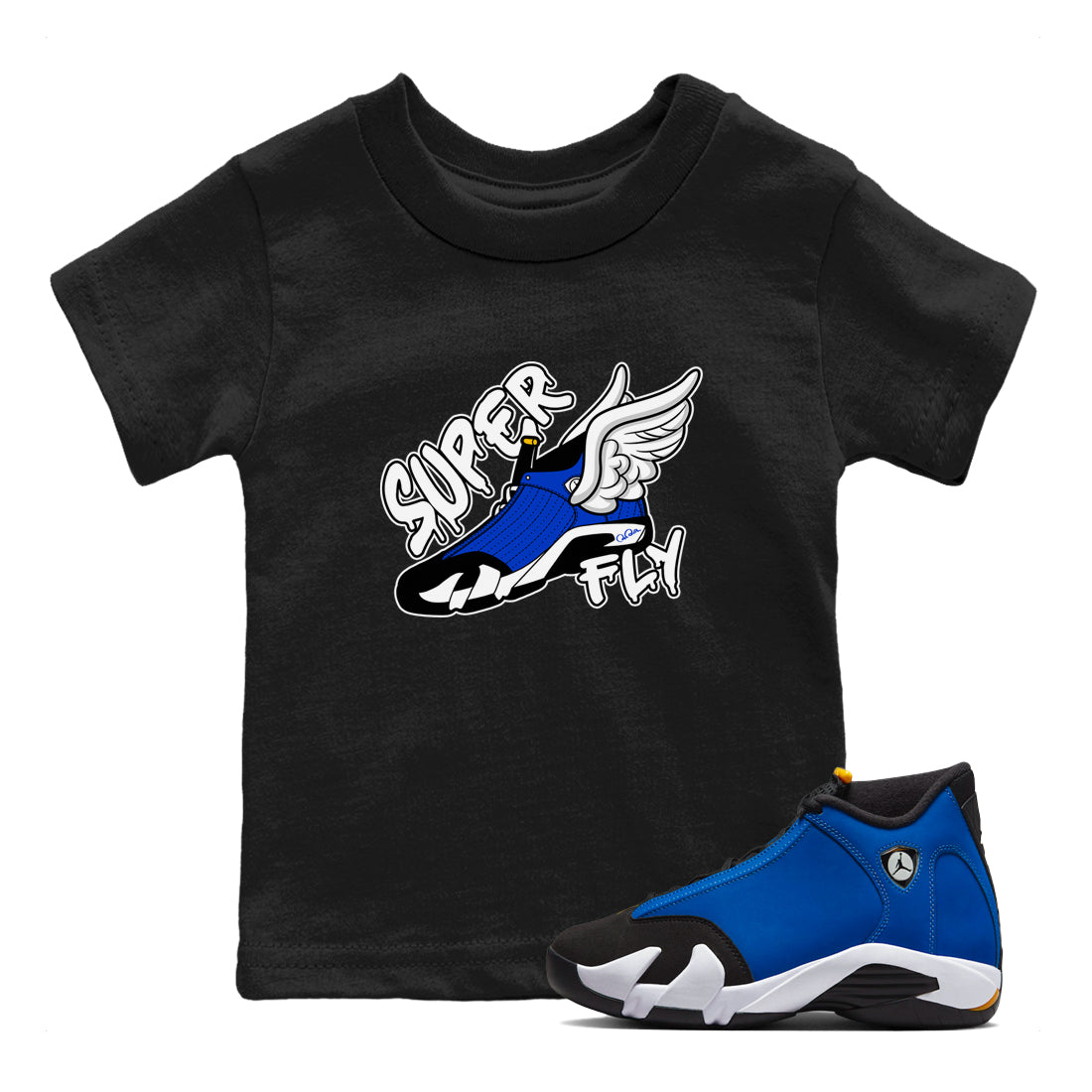 Air Jordan 14 Laney Sneaker Match Tees Super Fly Sneaker Tees AJ14 Laney Sneaker Release Tees Kids Shirts Black 1