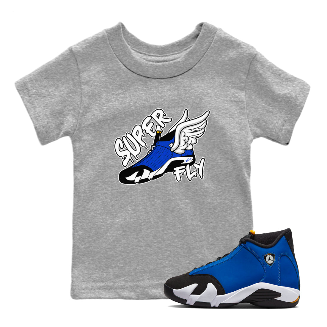 Air Jordan 14 Laney Sneaker Match Tees Super Fly Sneaker Tees AJ14 Laney Sneaker Release Tees Kids Shirts Heather Grey 1