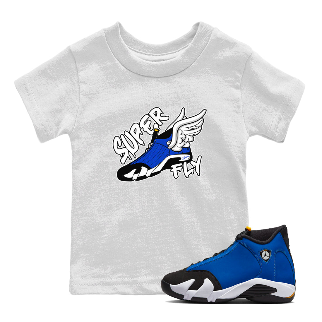 Air Jordan 14 Laney Sneaker Match Tees Super Fly Sneaker Tees AJ14 Laney Sneaker Release Tees Kids Shirts White 1