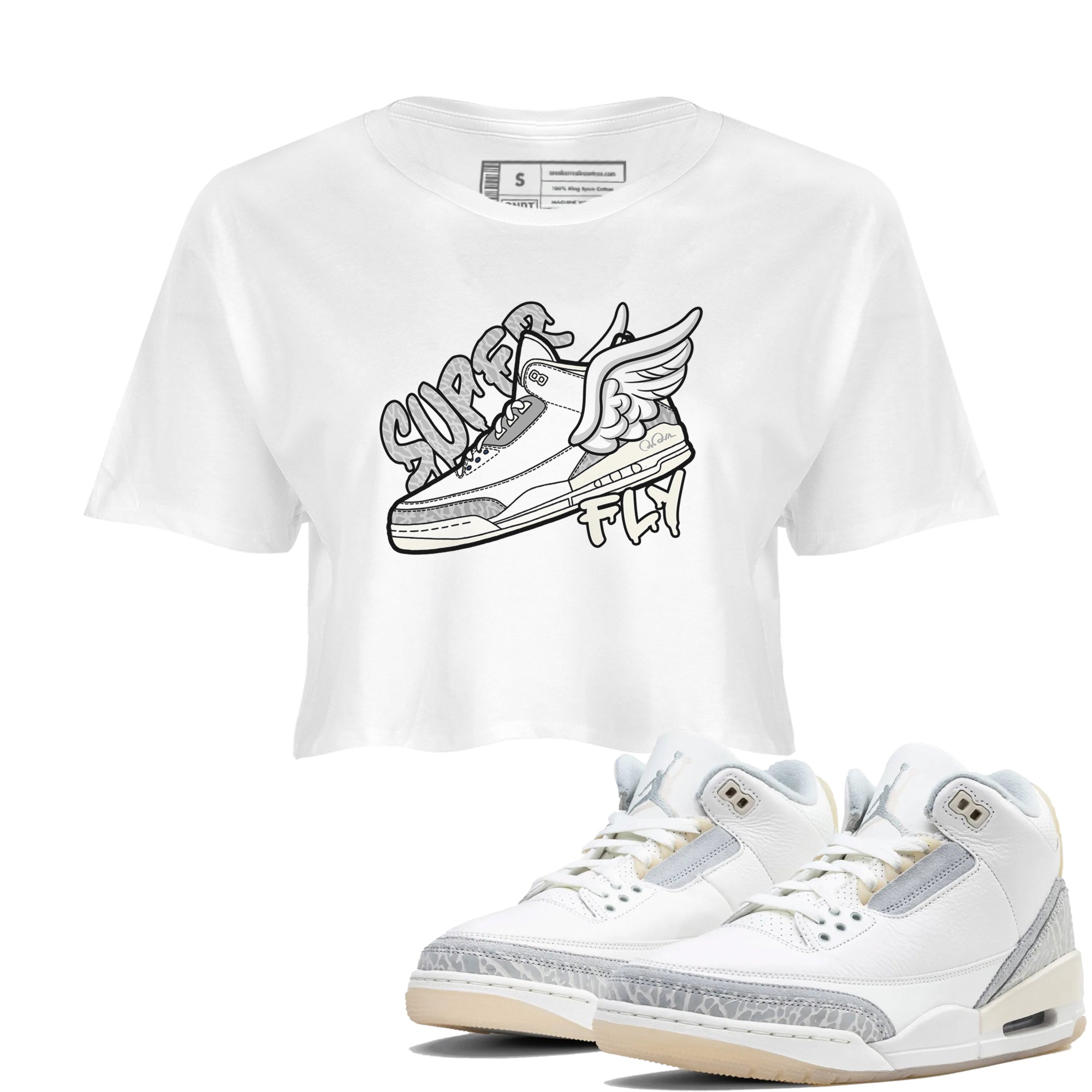 3s Ivory shirt to match jordans Super Fly sneaker tees Air Jordan 3 Ivory Drip Gear Zone White 1 crop length shirt