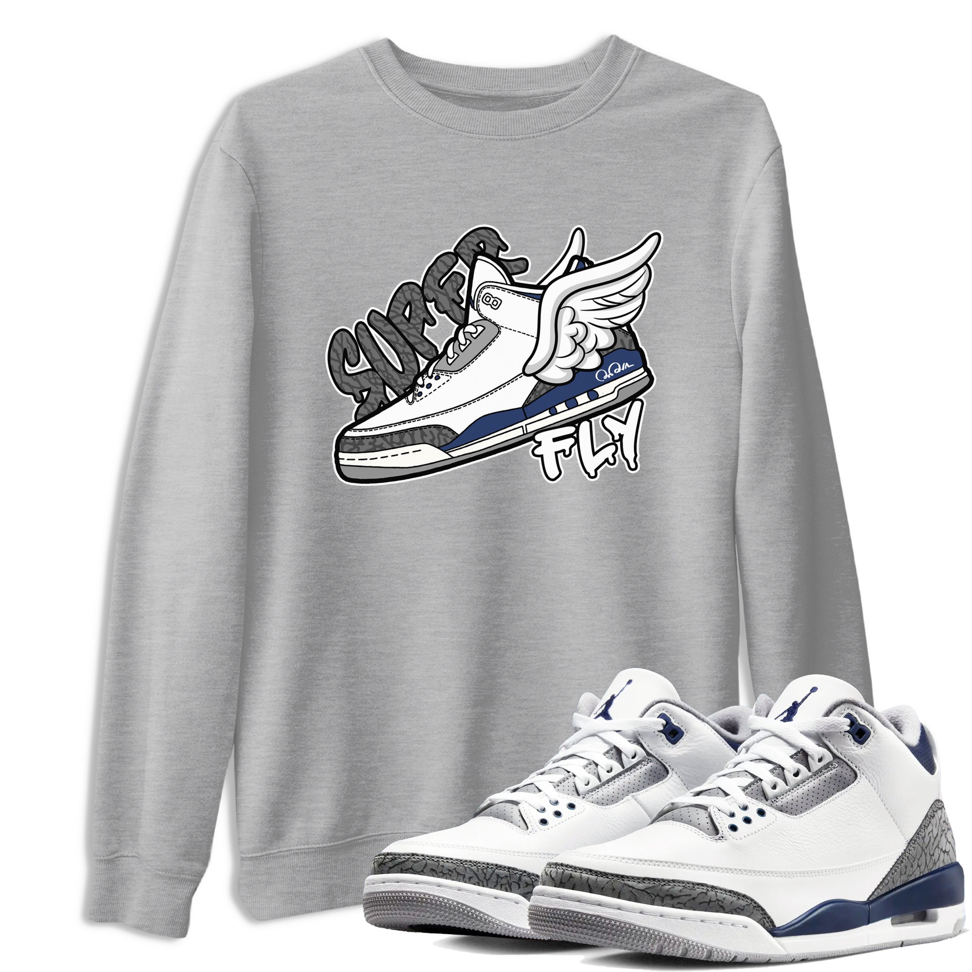 3s Midnight Navy shirt to match jordans Super Fly sneaker match t-shirt AJ3 Midnight Navy Drip Gear Zone unisex cotton Heather Grey 1 Crew Neck T-Shirt
