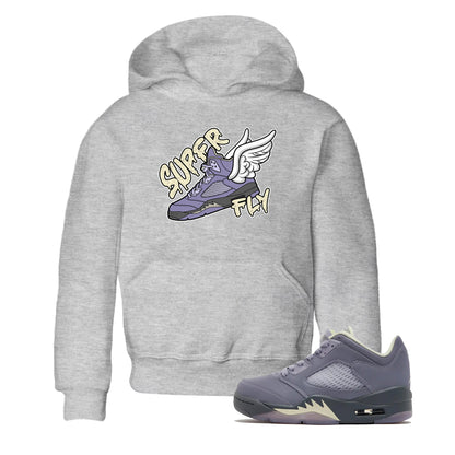 Air Jordan 5 Indigo Haze Sneaker Match Tees Super Fly Sneaker Tees AJ5 Indigo Haze Sneaker Release Tees Kids Shirts Heather Grey 1