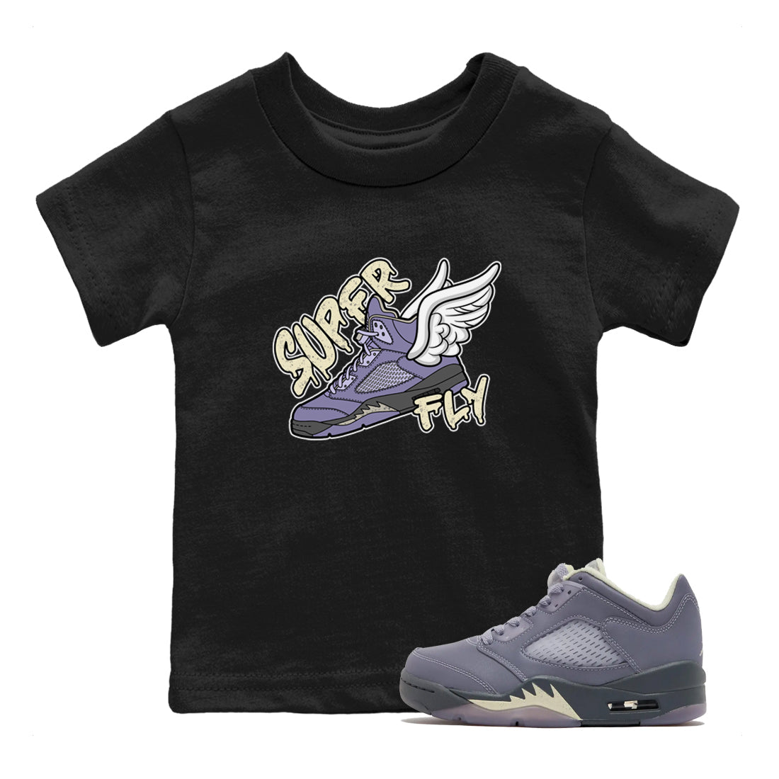 Air Jordan 5 Indigo Haze Sneaker Match Tees Super Fly Sneaker Tees AJ5 Indigo Haze Sneaker Release Tees Kids Shirts Black 1
