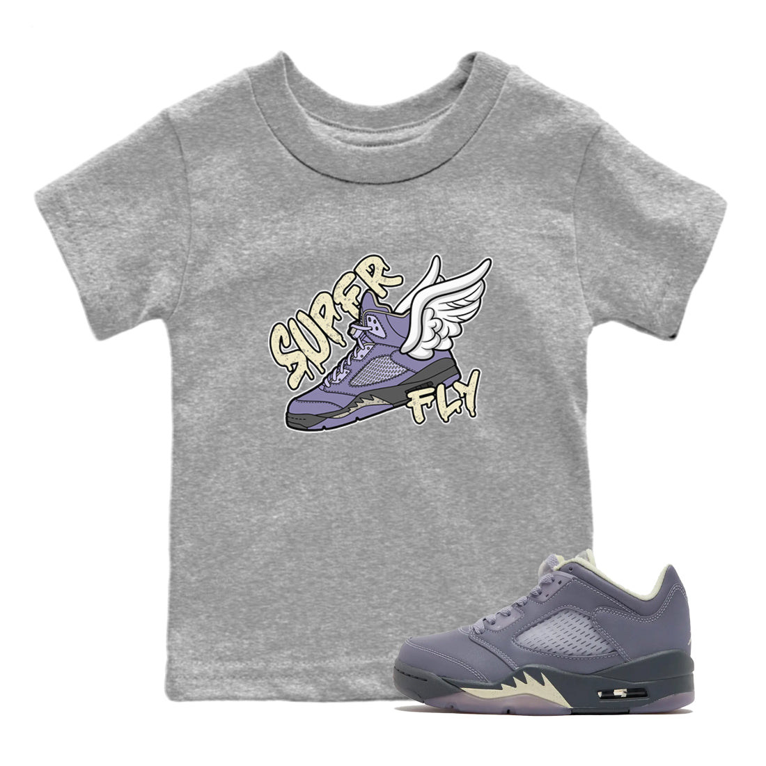 Air Jordan 5 Indigo Haze Sneaker Match Tees Super Fly Sneaker Tees AJ5 Indigo Haze Sneaker Release Tees Kids Shirts Heather Grey 1