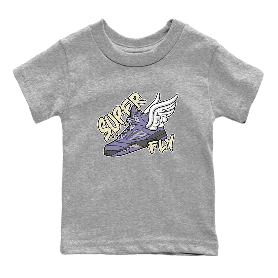 Air Jordan 5 Indigo Haze Sneaker Match Tees Super Fly Sneaker Tees AJ5 Indigo Haze Sneaker Release Tees Kids Shirts Heather Grey 2