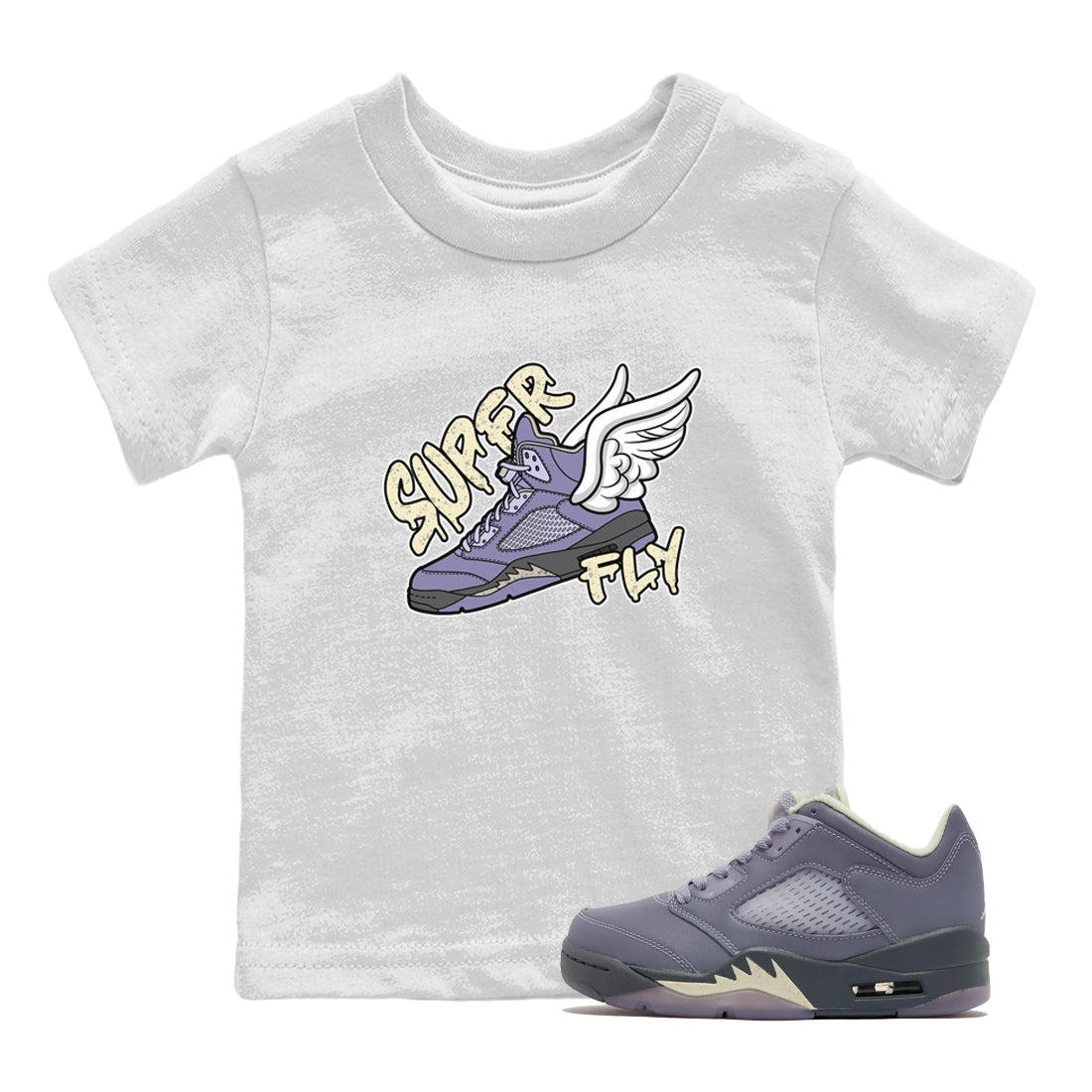 Air Jordan 5 Indigo Haze Sneaker Match Tees Super Fly Sneaker Tees AJ5 Indigo Haze Sneaker Release Tees Kids Shirts White 1
