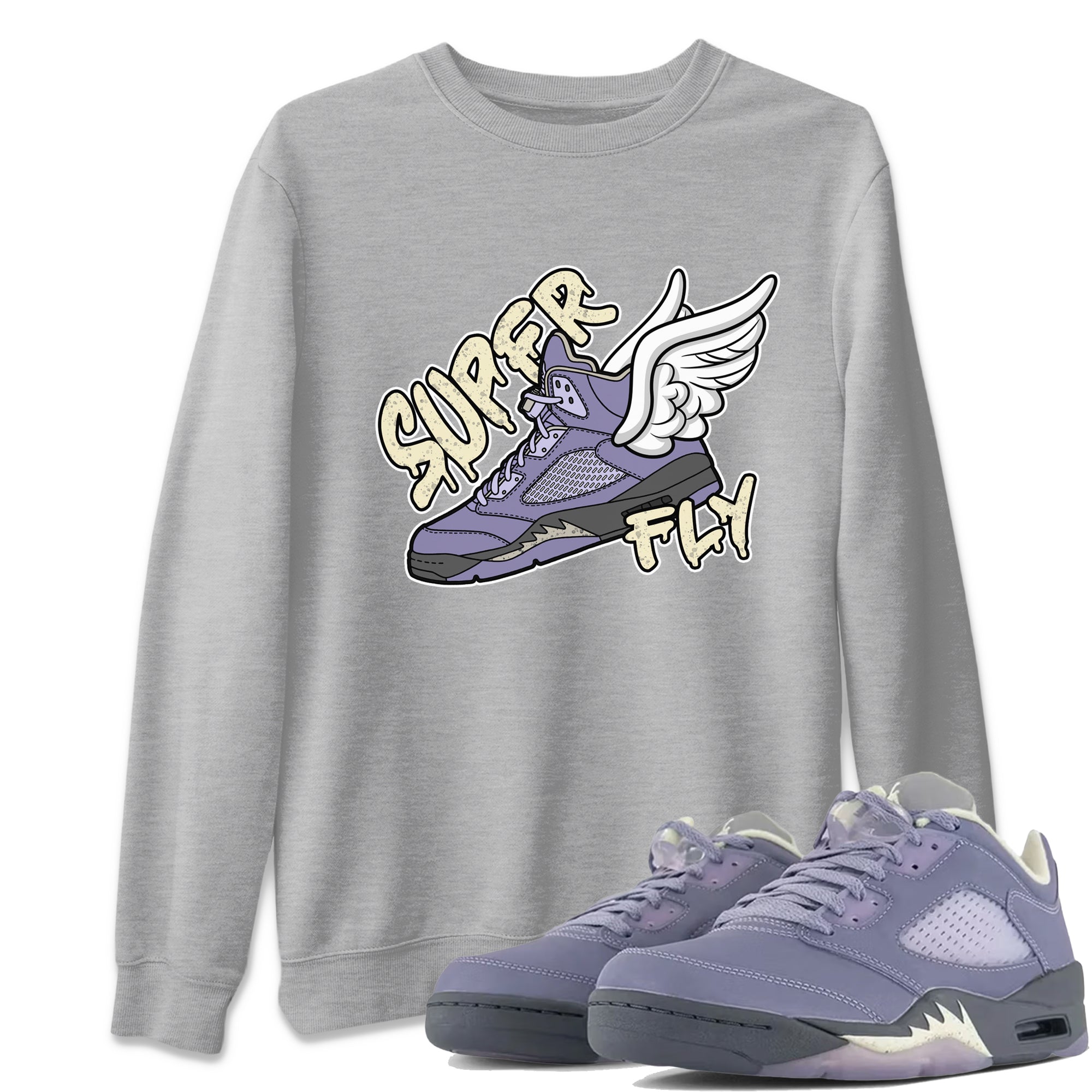 Air Jordan 5 Indigo Haze Sneaker Match Tees Super Fly Sneaker Tees AJ5 Indigo Haze Sneaker Release Tees Unisex Shirts Heather Grey 1