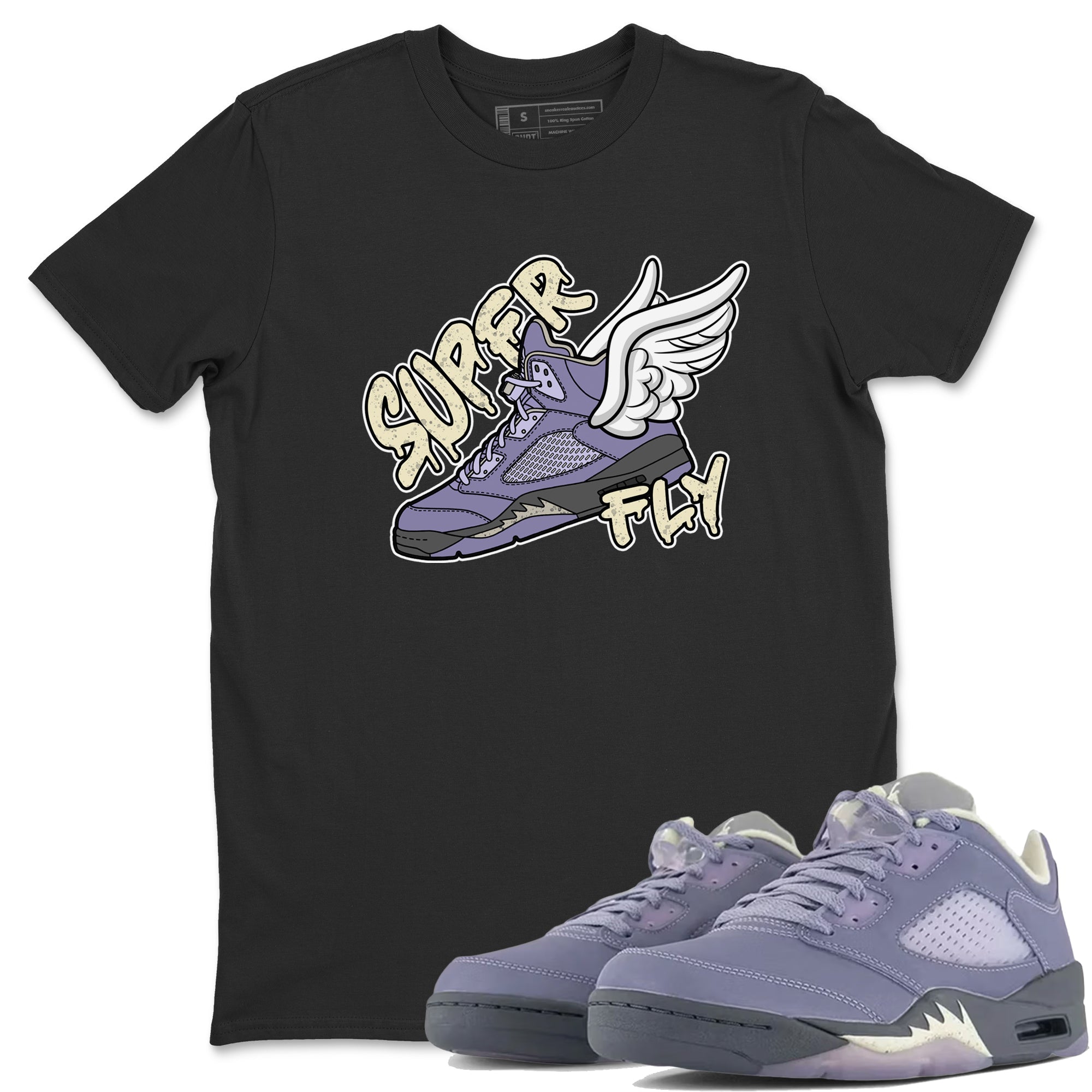 Air Jordan 5 Indigo Haze Sneaker Match Tees Super Fly Sneaker Tees AJ5 Indigo Haze Sneaker Release Tees Unisex Shirts Black 1