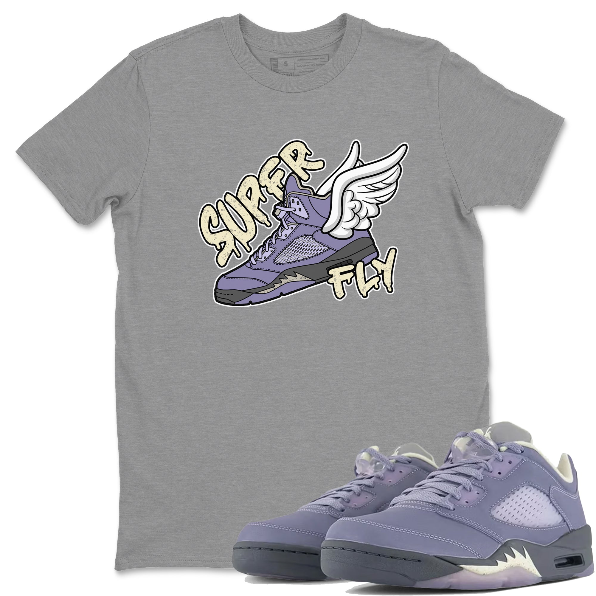 Air Jordan 5 Indigo Haze Sneaker Match Tees Super Fly Sneaker Tees AJ5 Indigo Haze Sneaker Release Tees Unisex Shirts Heather Grey 1