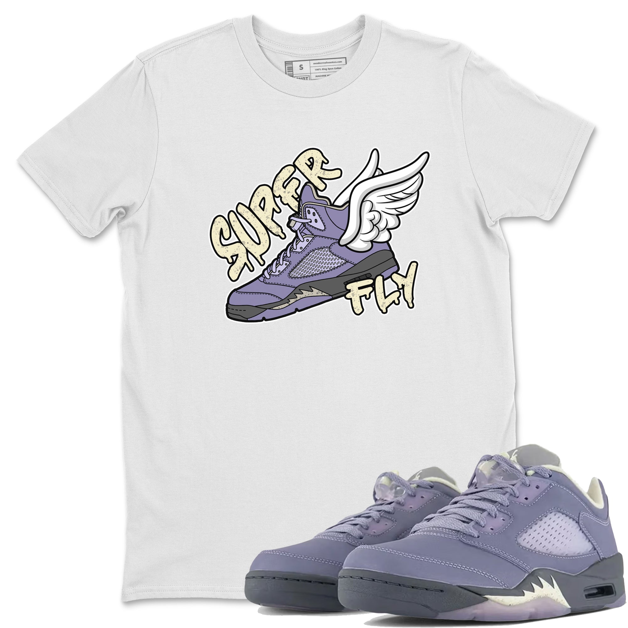 Air Jordan 5 Indigo Haze Sneaker Match Tees Super Fly Sneaker Tees AJ5 Indigo Haze Sneaker Release Tees Unisex Shirts White 1