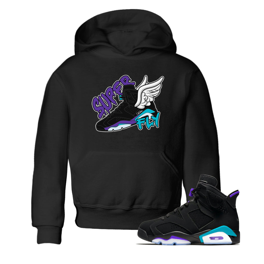 Air Jordan 6 Aqua Sneaker Match Tees Super Fly Sneaker Tees AJ6 Aqua Sneaker Release Tees Kids Shirts Black 1