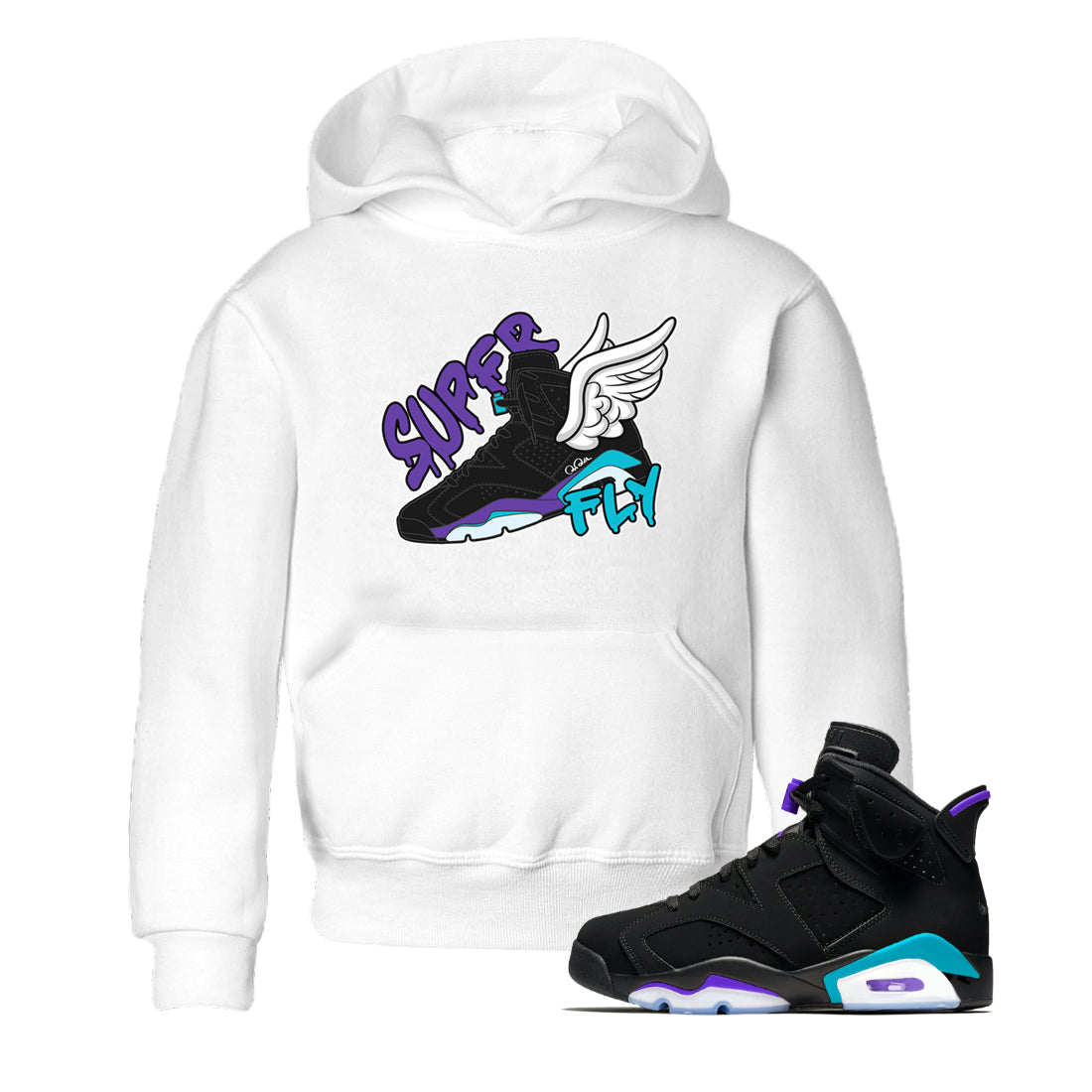 Air Jordan 6 Aqua Sneaker Match Tees Super Fly Sneaker Tees AJ6 Aqua Sneaker Release Tees Kids Shirts White 1