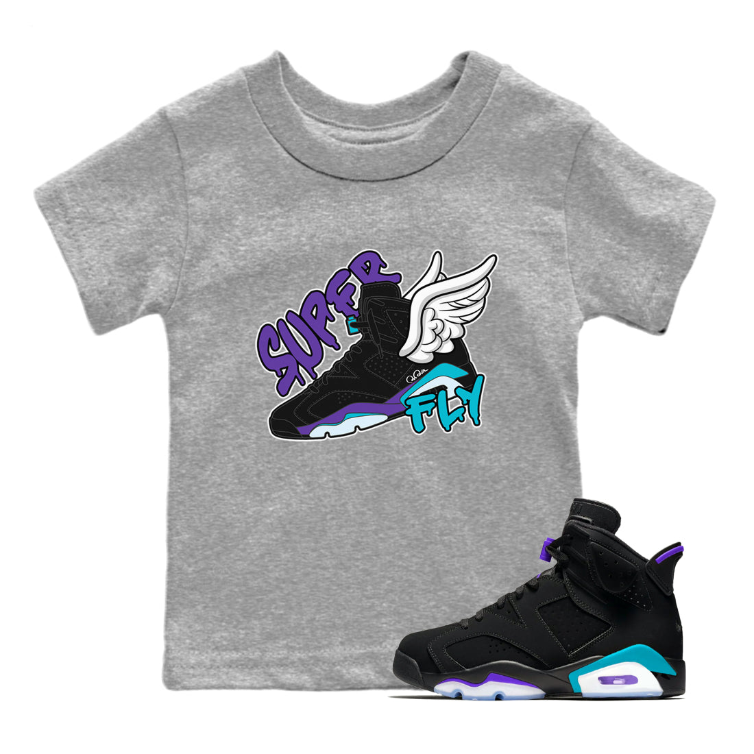Air Jordan 6 Aqua Sneaker Match Tees Super Fly Sneaker Tees AJ6 Aqua Sneaker Release Tees Kids Shirts Heather Grey 1