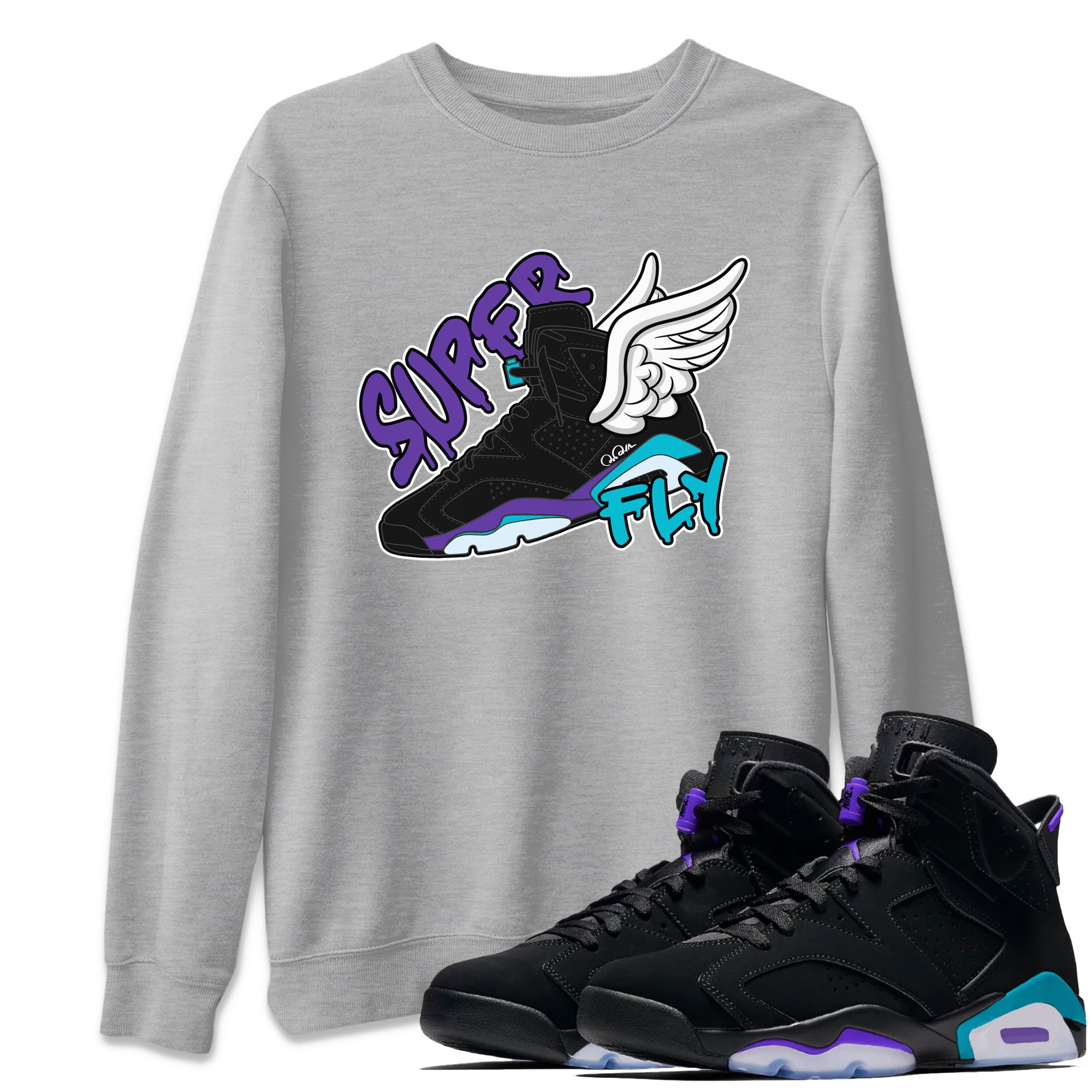 Air Jordan 6 Aqua Sneaker Match Tees Super Fly Sneaker Tees AJ6 Aqua Sneaker Release Tees Unisex Shirts Heather Grey 1