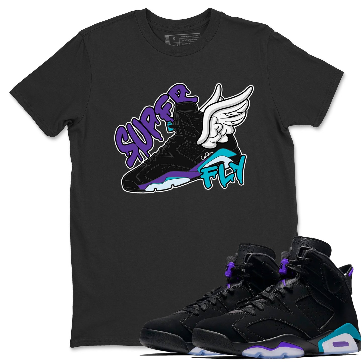 Air Jordan 6 Aqua Sneaker Match Tees Super Fly Sneaker Tees AJ6 Aqua Sneaker Release Tees Unisex Shirts Black 1