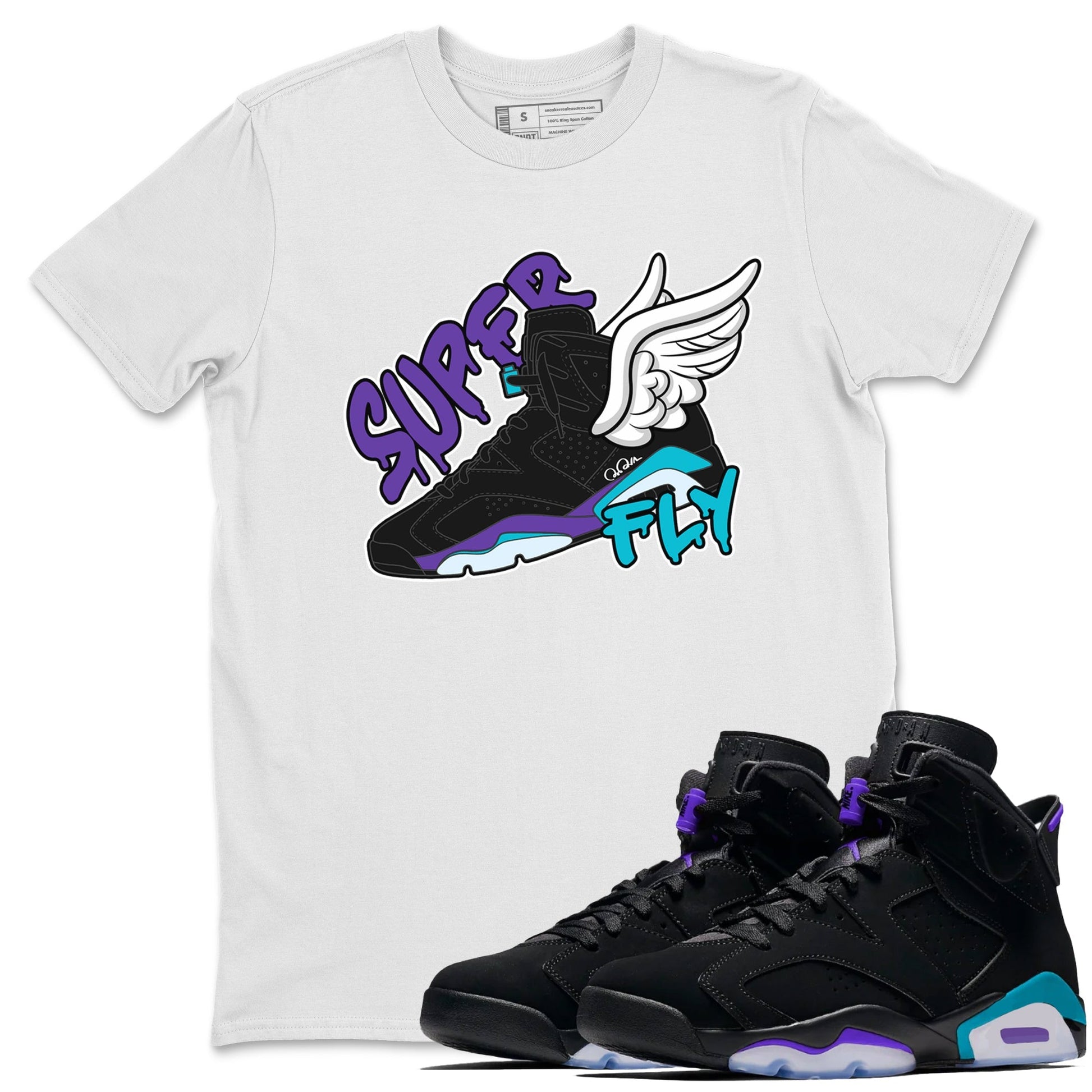 Air Jordan 6 Aqua Sneaker Match Tees Super Fly Sneaker Tees AJ6 Aqua Sneaker Release Tees Unisex Shirts White 1