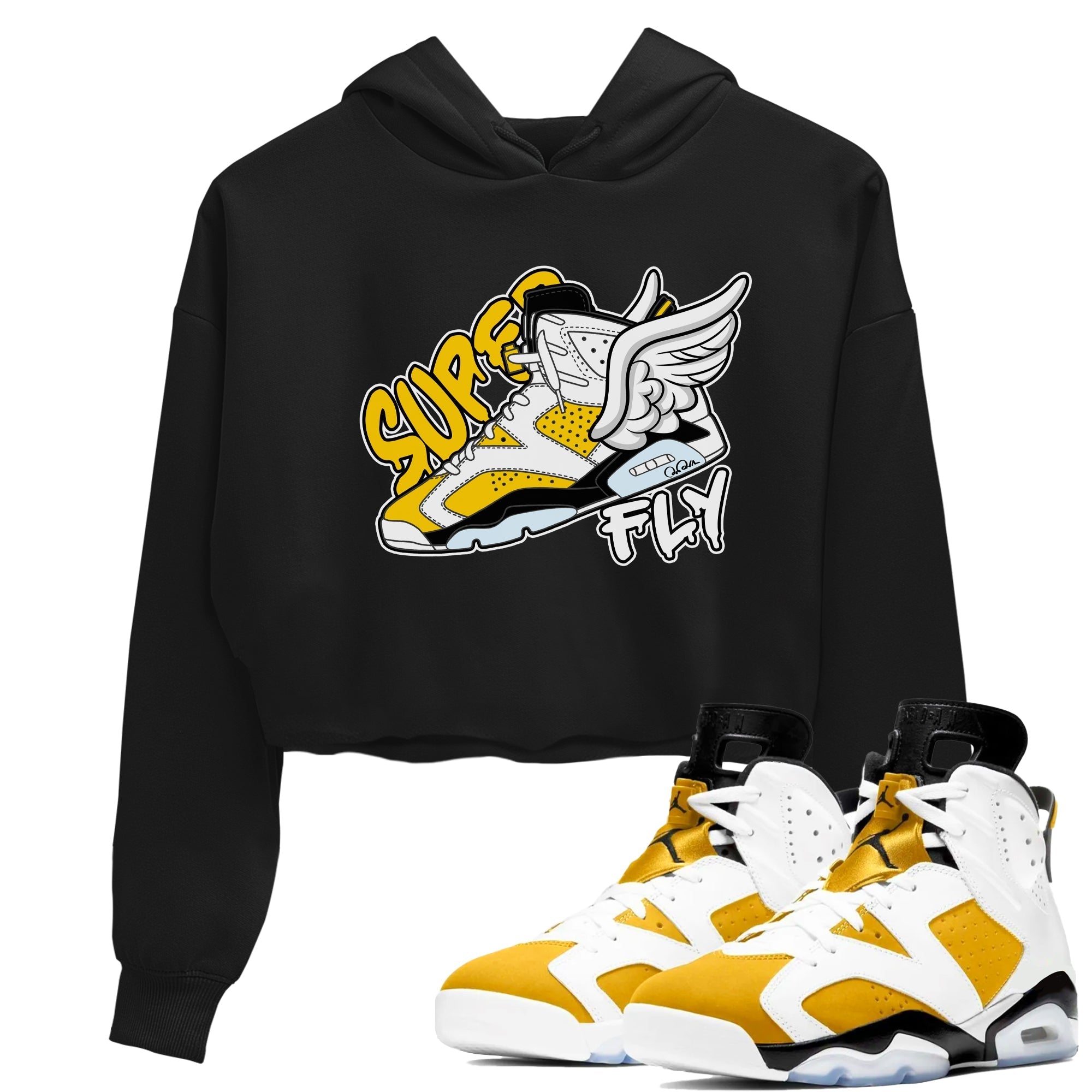 Air Jordan 6 Yellow Ochre shirt to match jordans Super Fly sneaker tees streetwear brand AJ6 Yellow Ochre Drip Gear Zone Brand Black 1 Crop T-Shirt