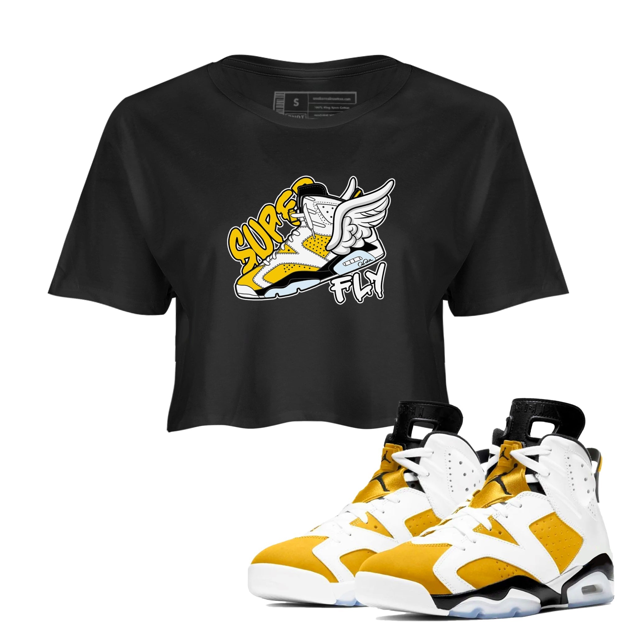 Air Jordan 6 Yellow Ochre shirt to match jordans Super Fly sneaker tees streetwear brand AJ6 Yellow Ochre Drip Gear Zone Brand Black 1 Crop T-Shirt