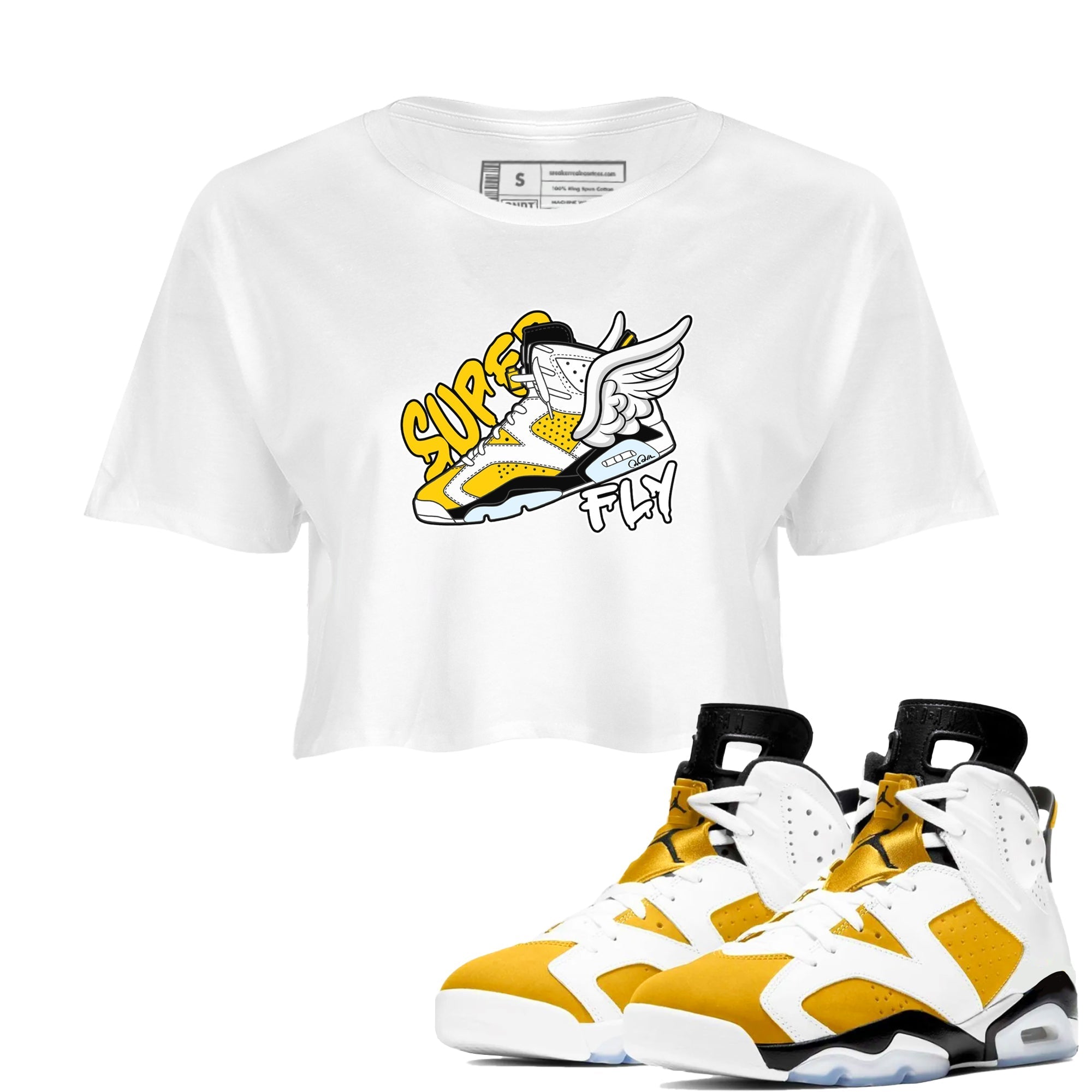 Air Jordan 6 Yellow Ochre shirt to match jordans Super Fly sneaker tees streetwear brand AJ6 Yellow Ochre Drip Gear Zone Brand White 1 Crop T-Shirt