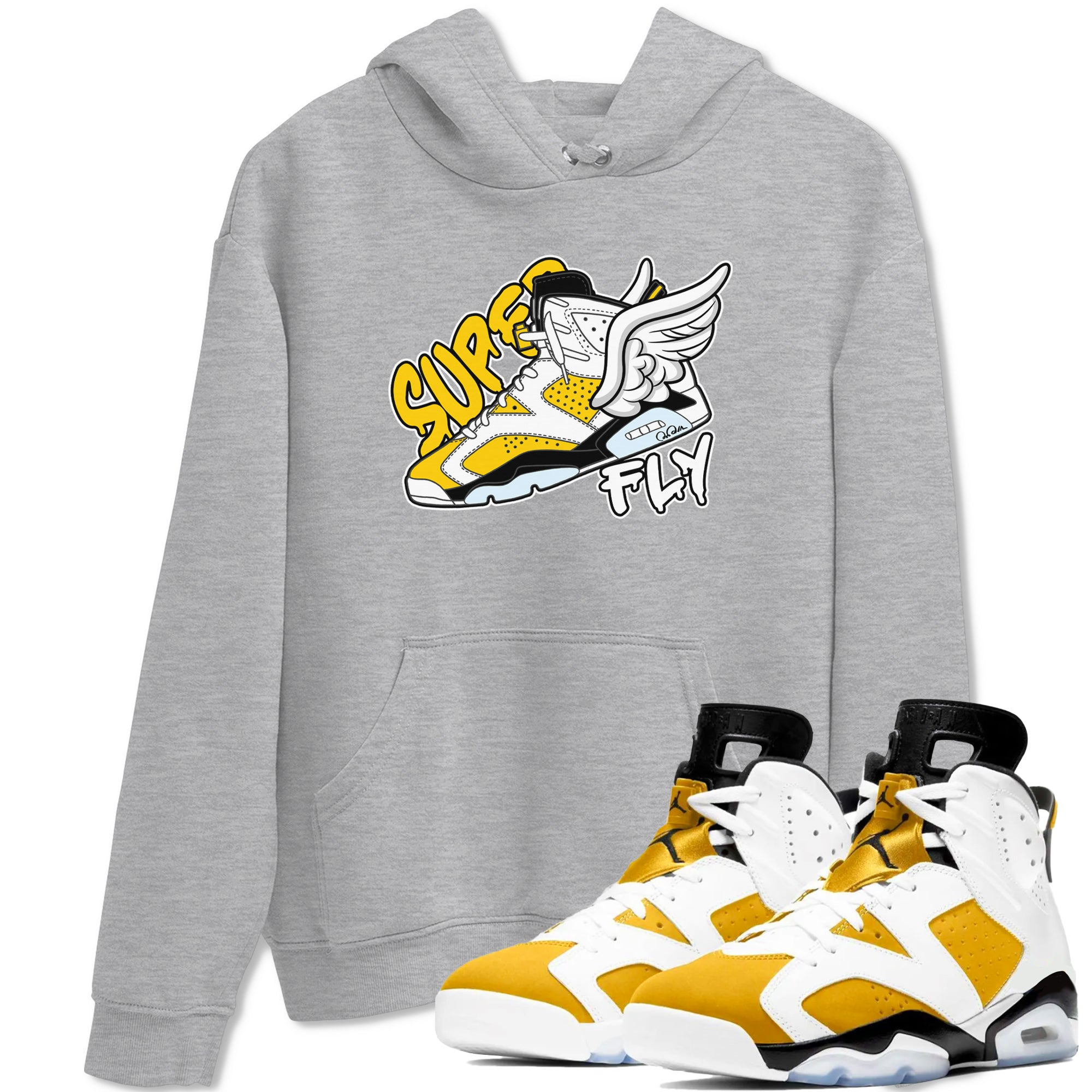 Air Jordan 6 Yellow Ochre shirt to match jordans Super Fly sneaker tees streetwear brand AJ6 Yellow Ochre Drip Gear Zone Brand Unisex Heather Grey 1 T-Shirt