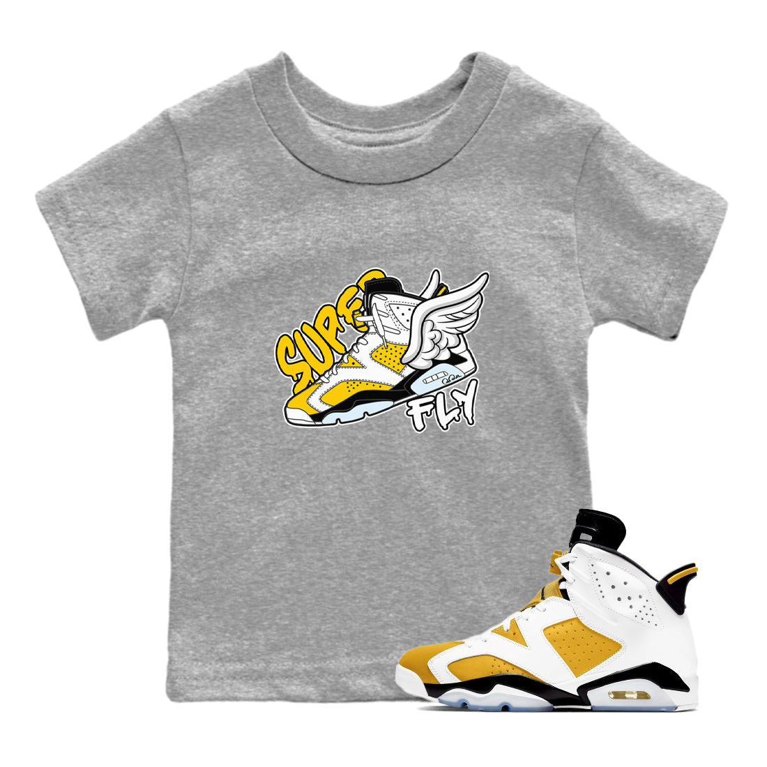 Air Jordan 6 Yellow Ochre shirt to match jordans Super Fly sneaker tees streetwear brand AJ6 Yellow Ochre Drip Gear Zone Brand Baby Toddler Heather Grey 1 T-Shirt