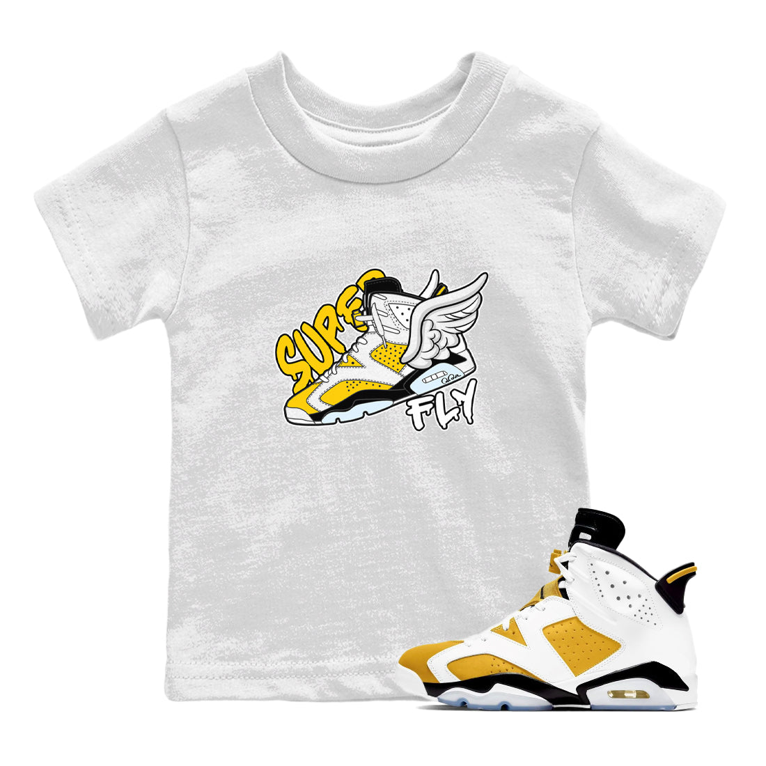 Air Jordan 6 Yellow Ochre shirt to match jordans Super Fly sneaker tees streetwear brand AJ6 Yellow Ochre Drip Gear Zone Brand Baby Toddler White 1 T-Shirt