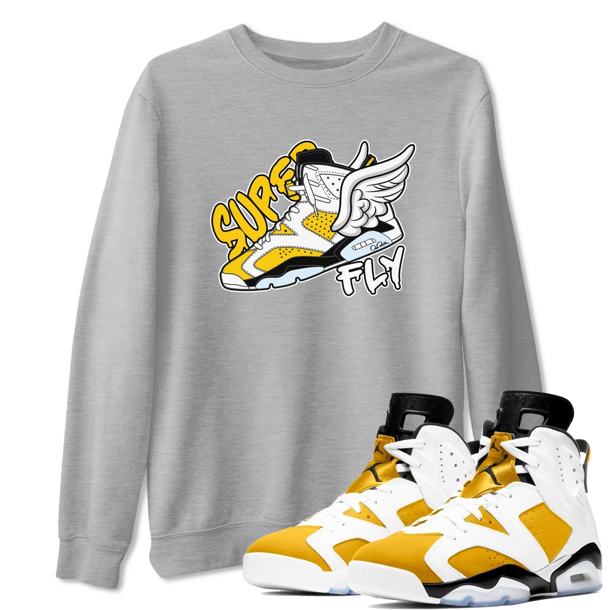 Air Jordan 6 Yellow Ochre shirt to match jordans Super Fly sneaker tees streetwear brand AJ6 Yellow Ochre Drip Gear Zone Brand Unisex Heather Grey 1 T-Shirt
