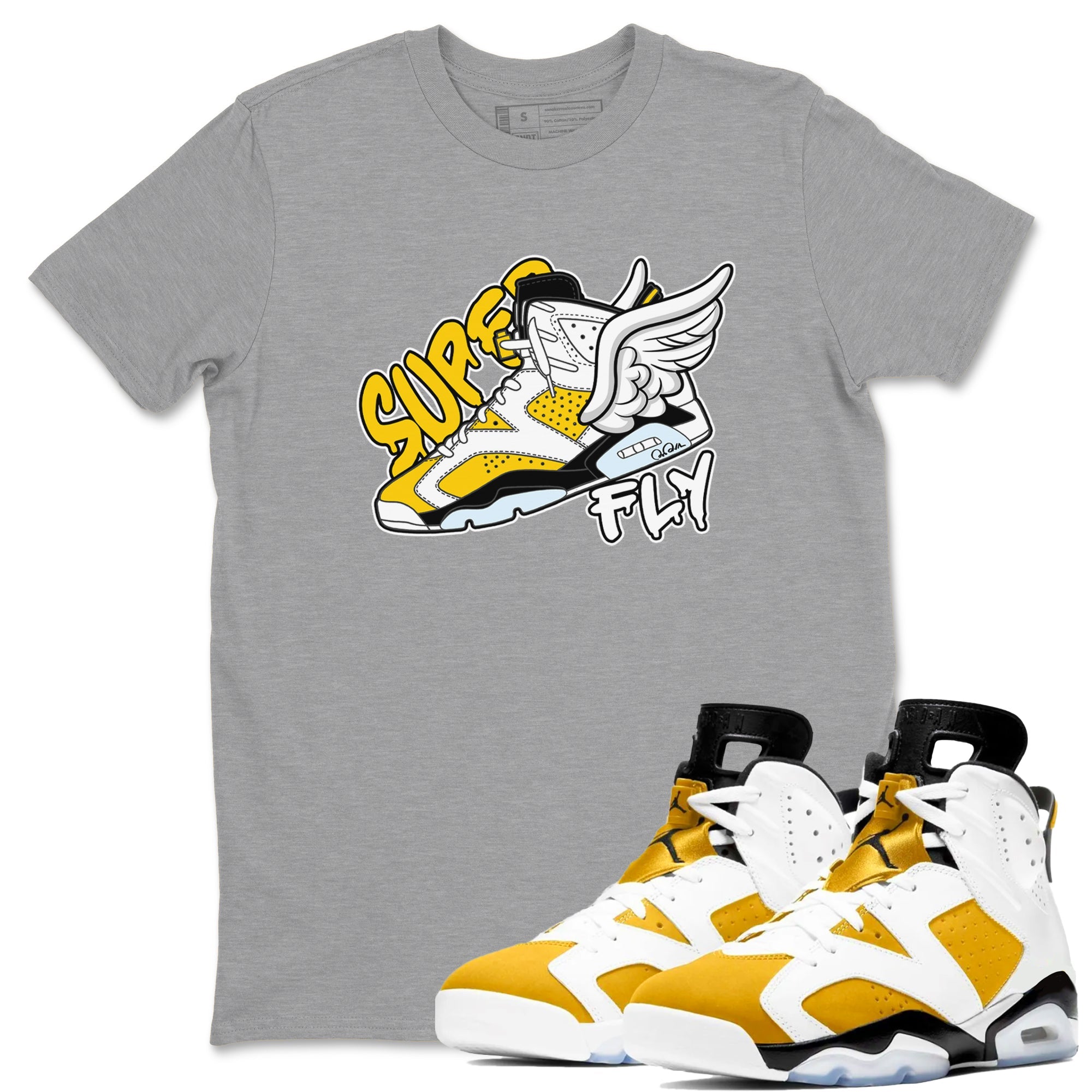 Air Jordan 6 Yellow Ochre shirt to match jordans Super Fly sneaker tees streetwear brand AJ6 Yellow Ochre Drip Gear Zone Brand Unisex Heather Grey 1 T-Shirt