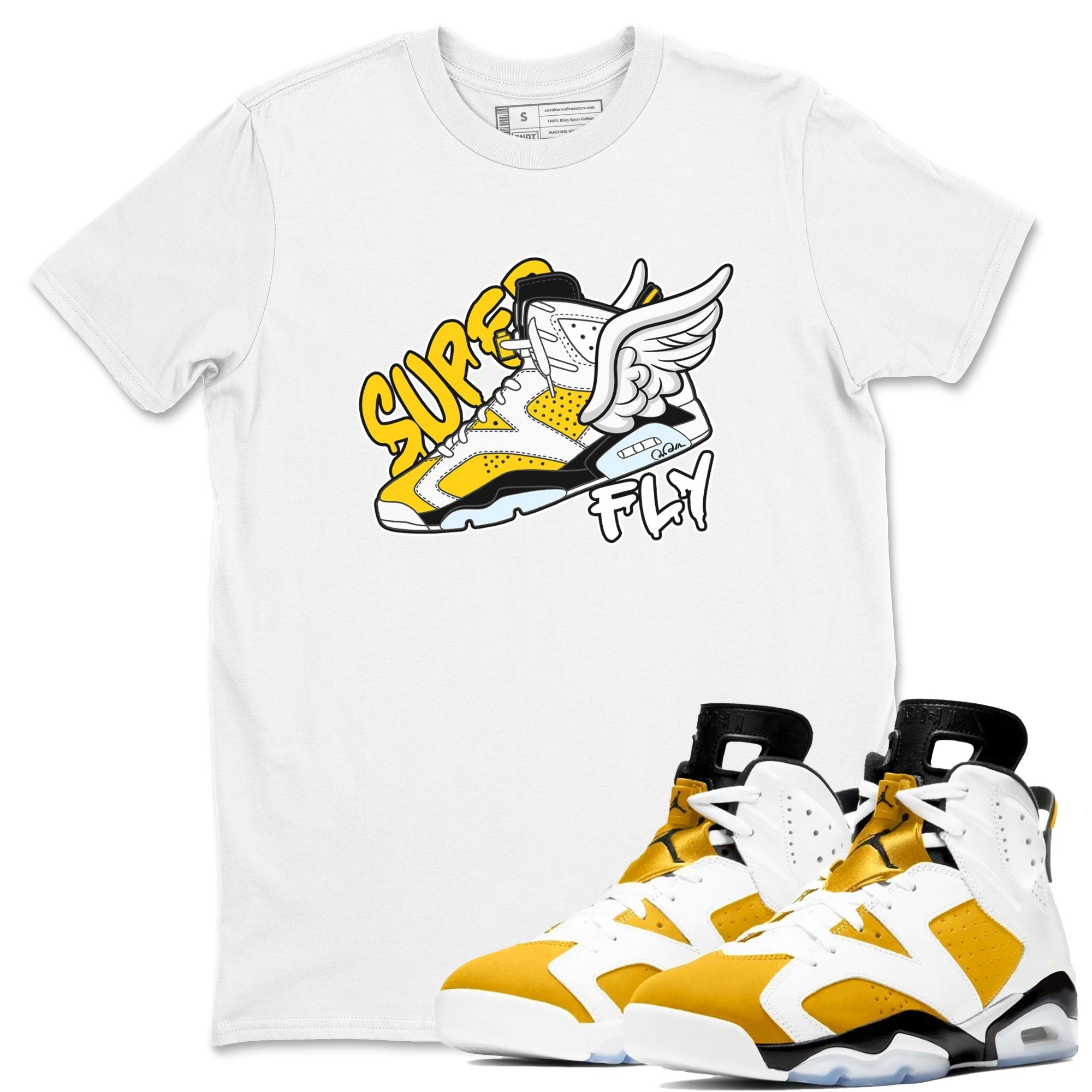 Air Jordan 6 Yellow Ochre shirt to match jordans Super Fly sneaker tees streetwear brand AJ6 Yellow Ochre Drip Gear Zone Brand Unisex White 1 T-Shirt