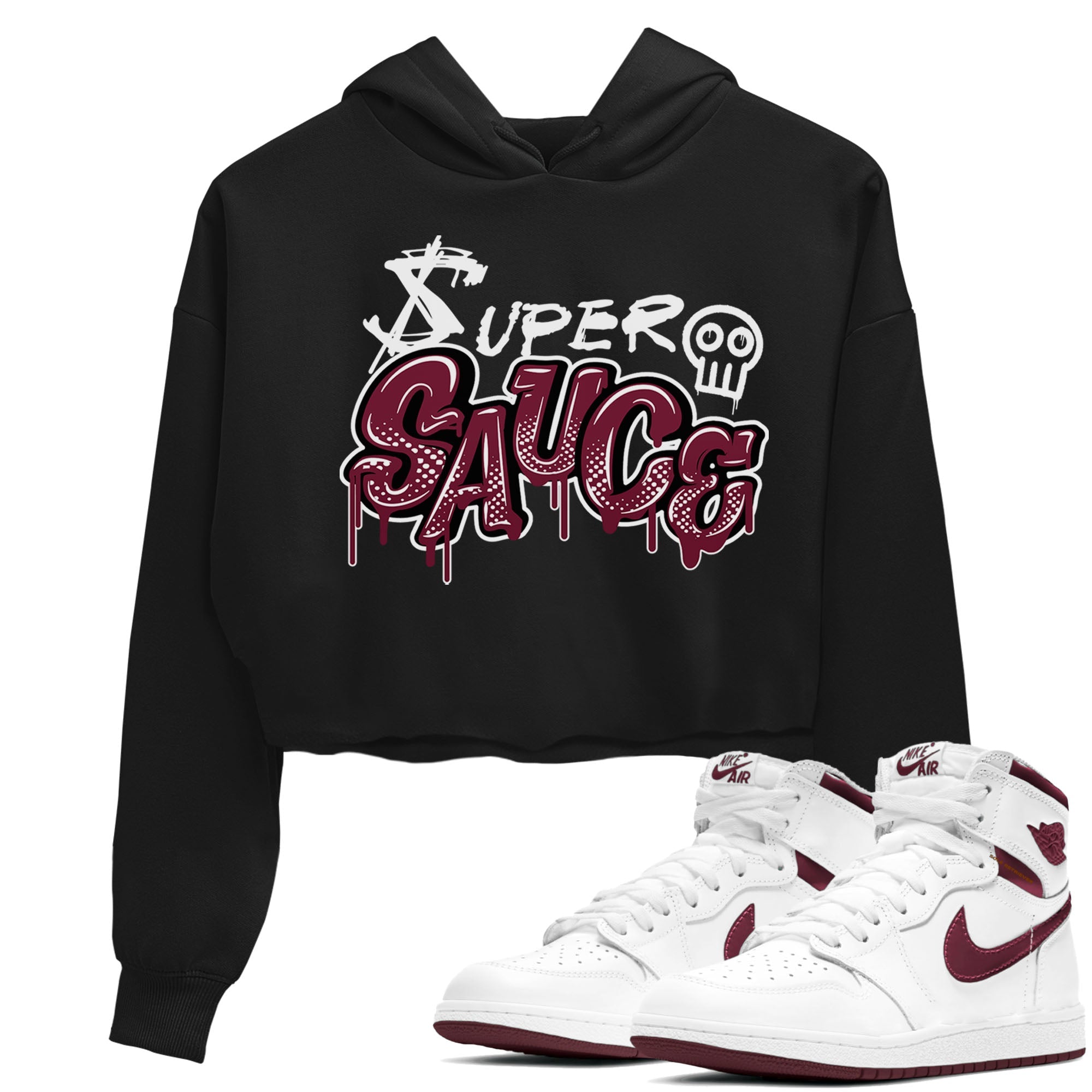 1s Metallic Burgundy shirt to match jordans Super Sauce sneaker tees Air Jordan 1 Metallic Burgundy Drip Gear Zone Black 1 crop length shirt