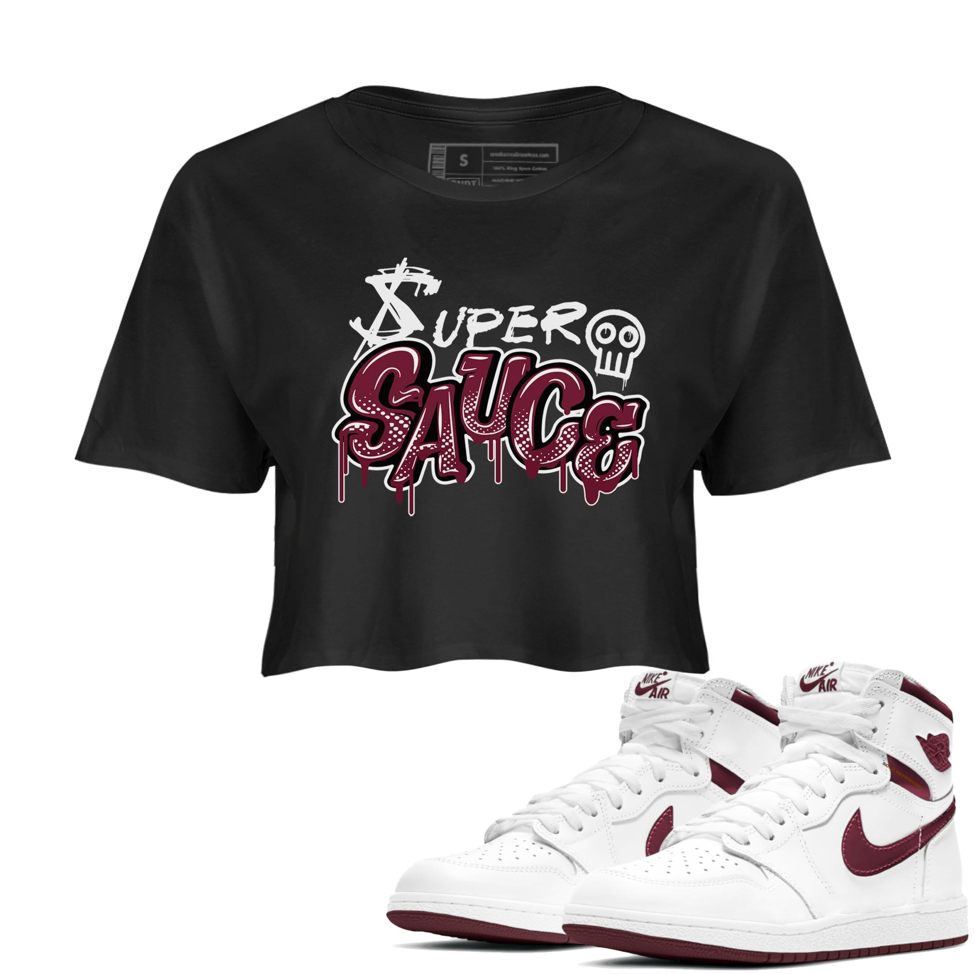 1s Metallic Burgundy shirt to match jordans Super Sauce sneaker tees Air Jordan 1 Metallic Burgundy Drip Gear Zone Black 1 crop length shirt