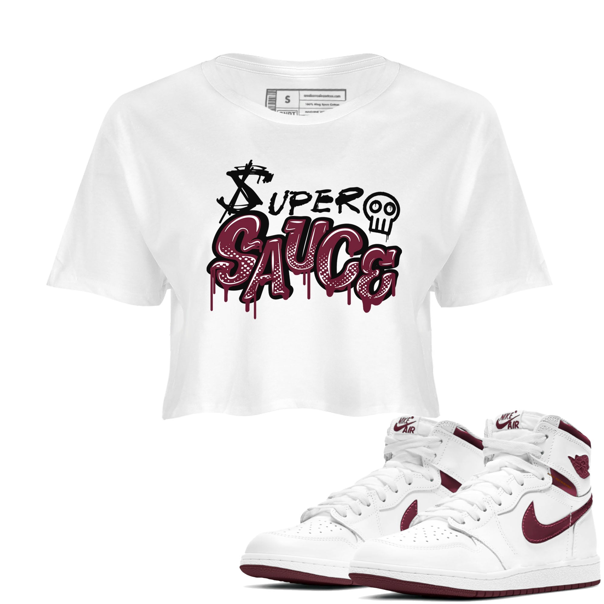 1s Metallic Burgundy shirt to match jordans Super Sauce sneaker tees Air Jordan 1 Metallic Burgundy Drip Gear Zone White 1 crop length shirt