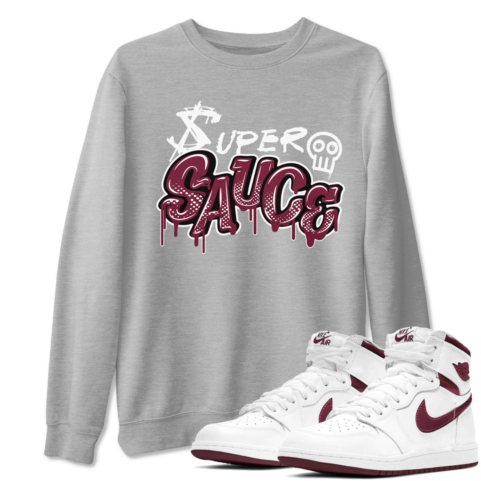 1s Metallic Burgundy shirt to match jordans Super Sauce sneaker tees Air Jordan 1 Metallic Burgundy Drip Gear Zone unisex cotton Heather Grey 1 crew neck shirt