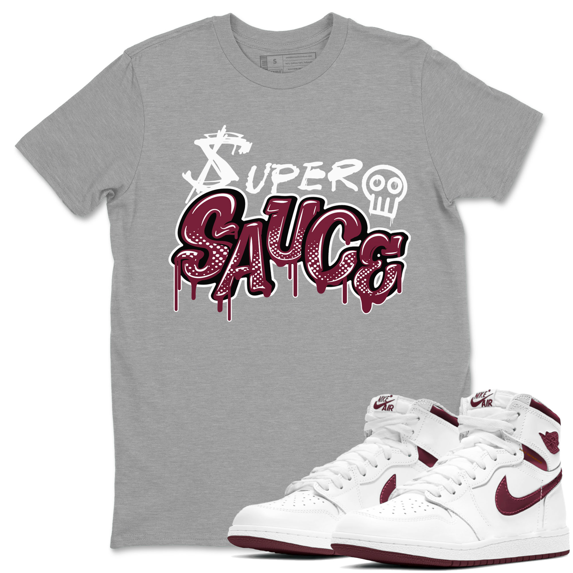 1s Metallic Burgundy shirt to match jordans Super Sauce sneaker tees Air Jordan 1 Metallic Burgundy Drip Gear Zone unisex cotton Heather Grey 1 crew neck shirt