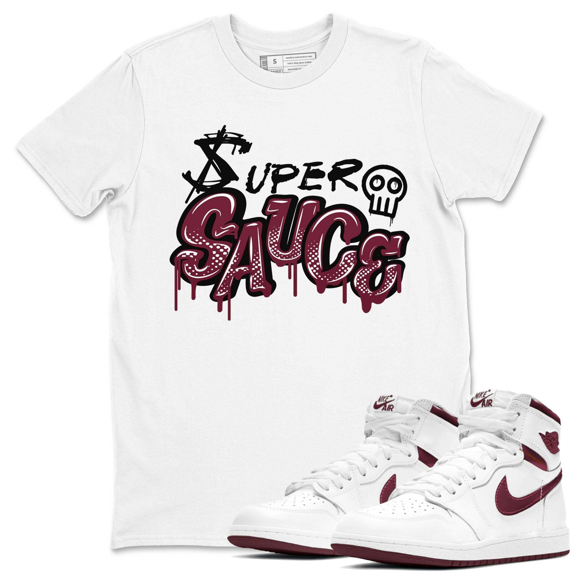 1s Metallic Burgundy shirt to match jordans Super Sauce sneaker tees Air Jordan 1 Metallic Burgundy Drip Gear Zone unisex cotton White 1 crew neck shirt