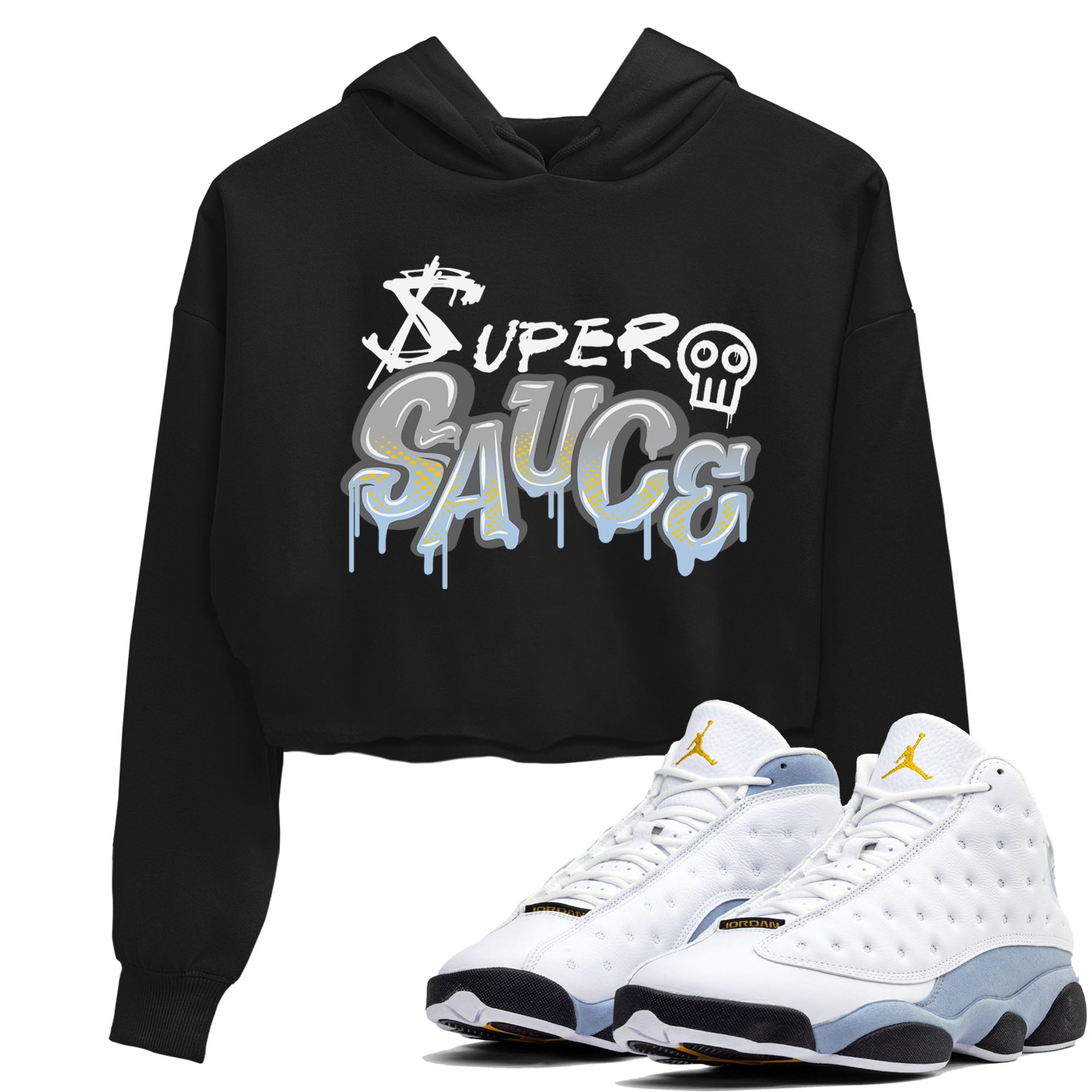 13s Blue Grey shirt to match jordans Super Sauce sneaker tees Air Jordan 13 Blue Grey Drip Gear Zone Black 1 crop length shirt