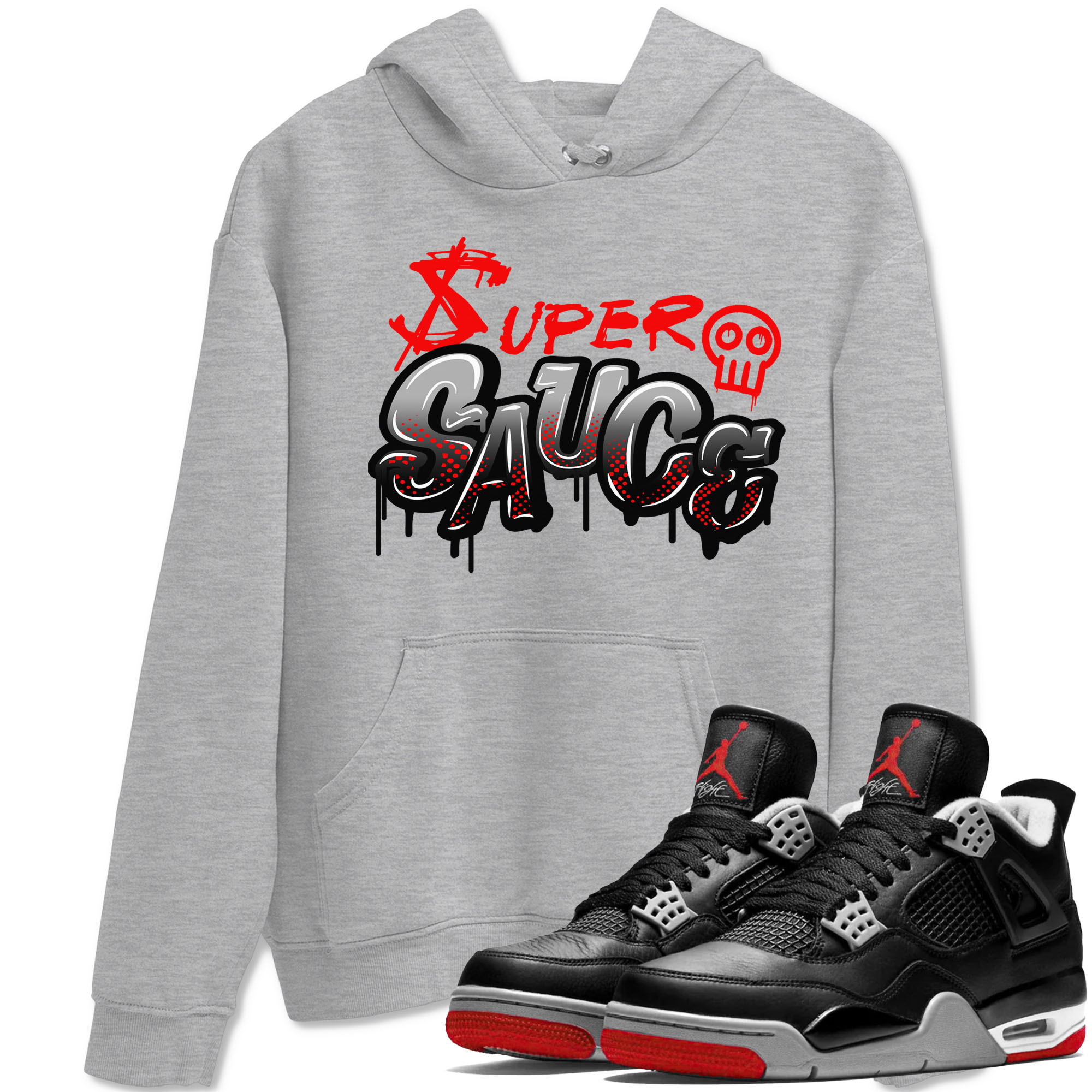 4s Bred Reimagined shirt to match jordans Super Sauce sneaker tees Air Jordan 4 Bred Reimagined Drip Gear Zone unisex cotton Heather Grey 1 crew neck shirt