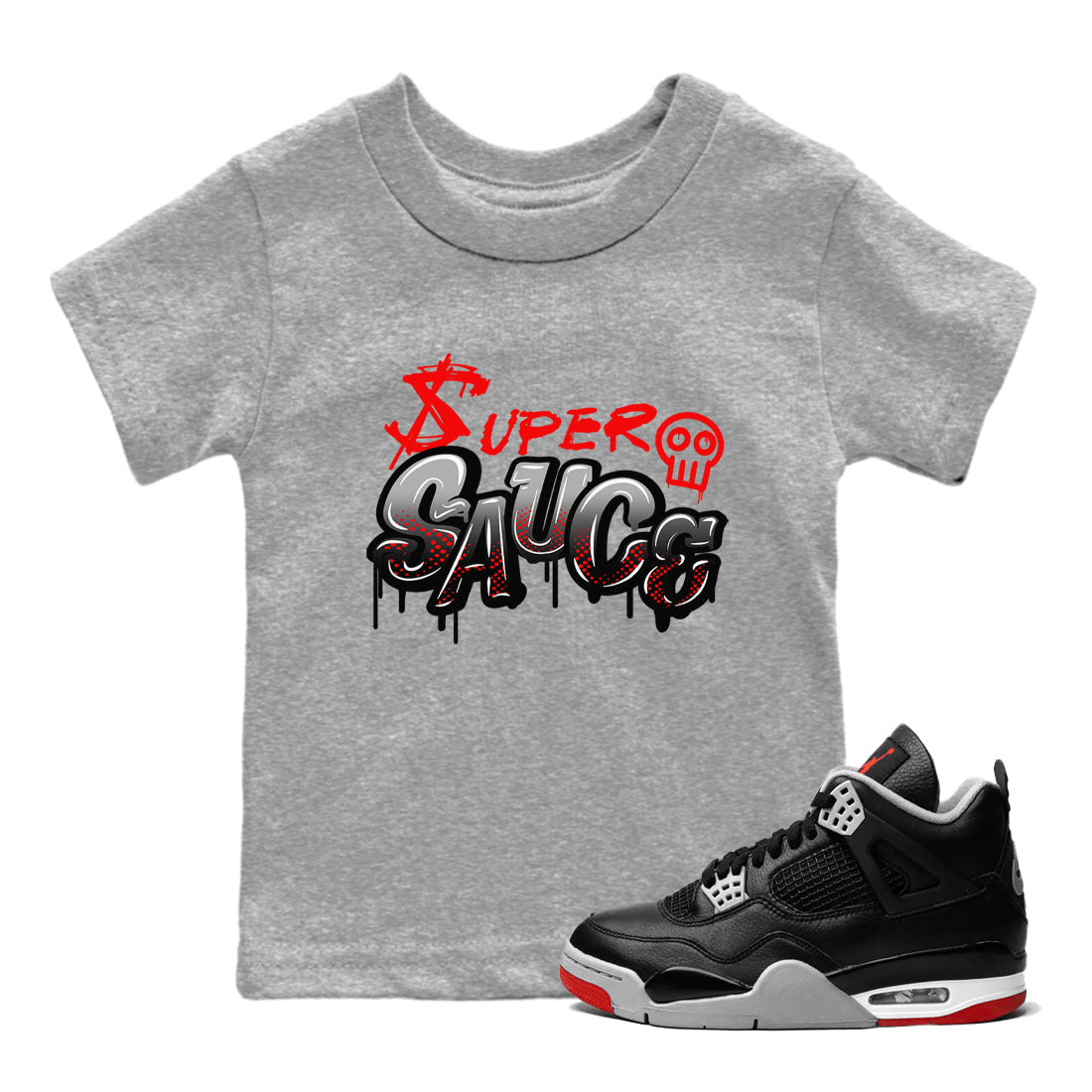 4s Bred Reimagined shirt to match jordans Super Sauce sneaker tees Air Jordan 4 Bred Reimagined Drip Gear Zone baby toddler Heather Grey 1 cotton Shirt