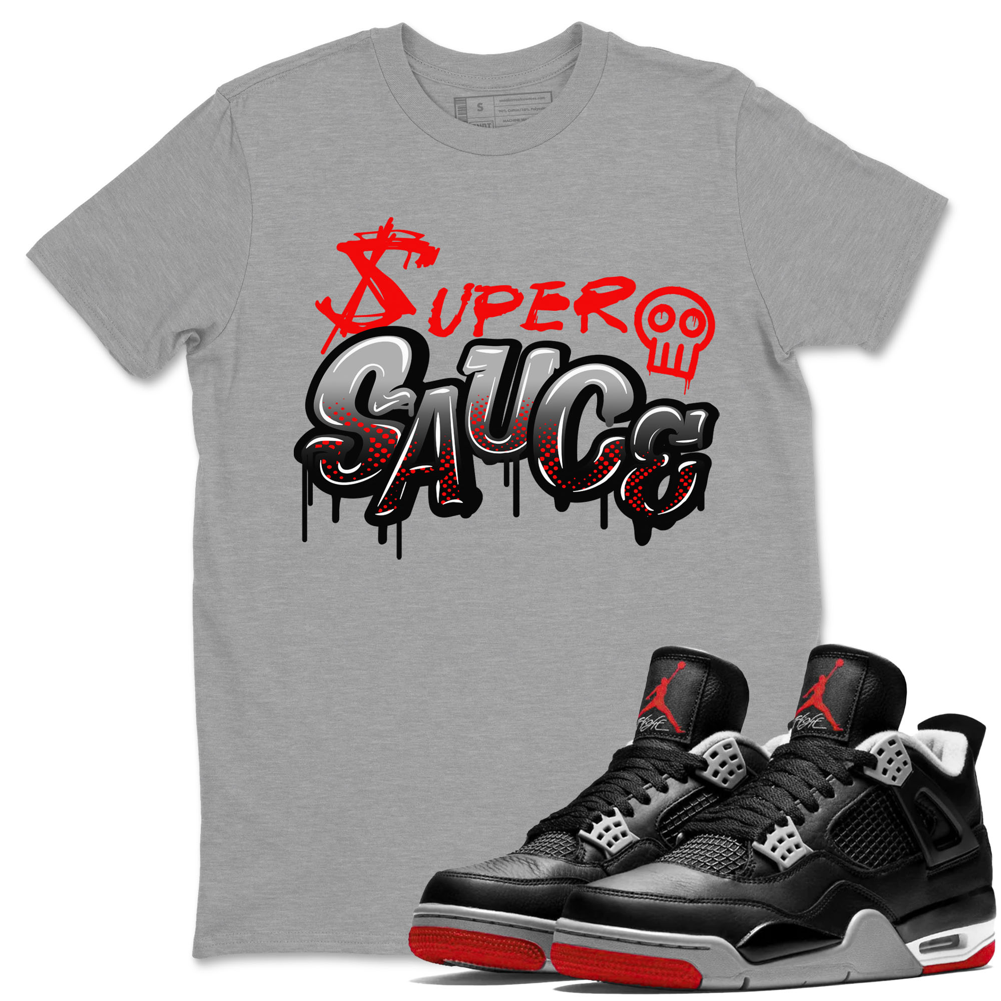 4s Bred Reimagined shirt to match jordans Super Sauce sneaker tees Air Jordan 4 Bred Reimagined Drip Gear Zone unisex cotton Heather Grey 1 crew neck shirt
