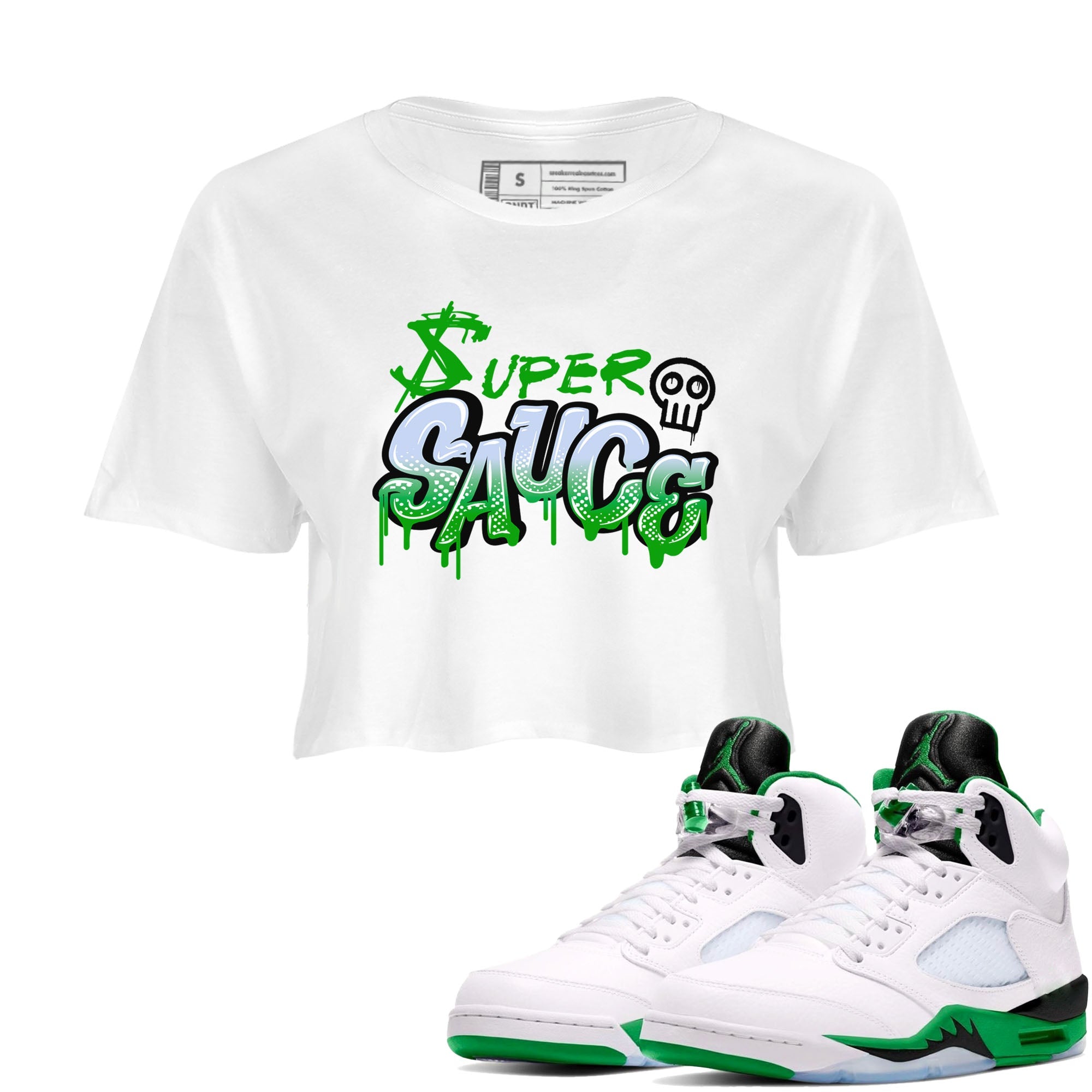 5s Lucky Green shirt to match jordans Super Sauce sneaker tees Air Jordan 5 Lucky Green Drip Gear Zone White 1 crop length shirt