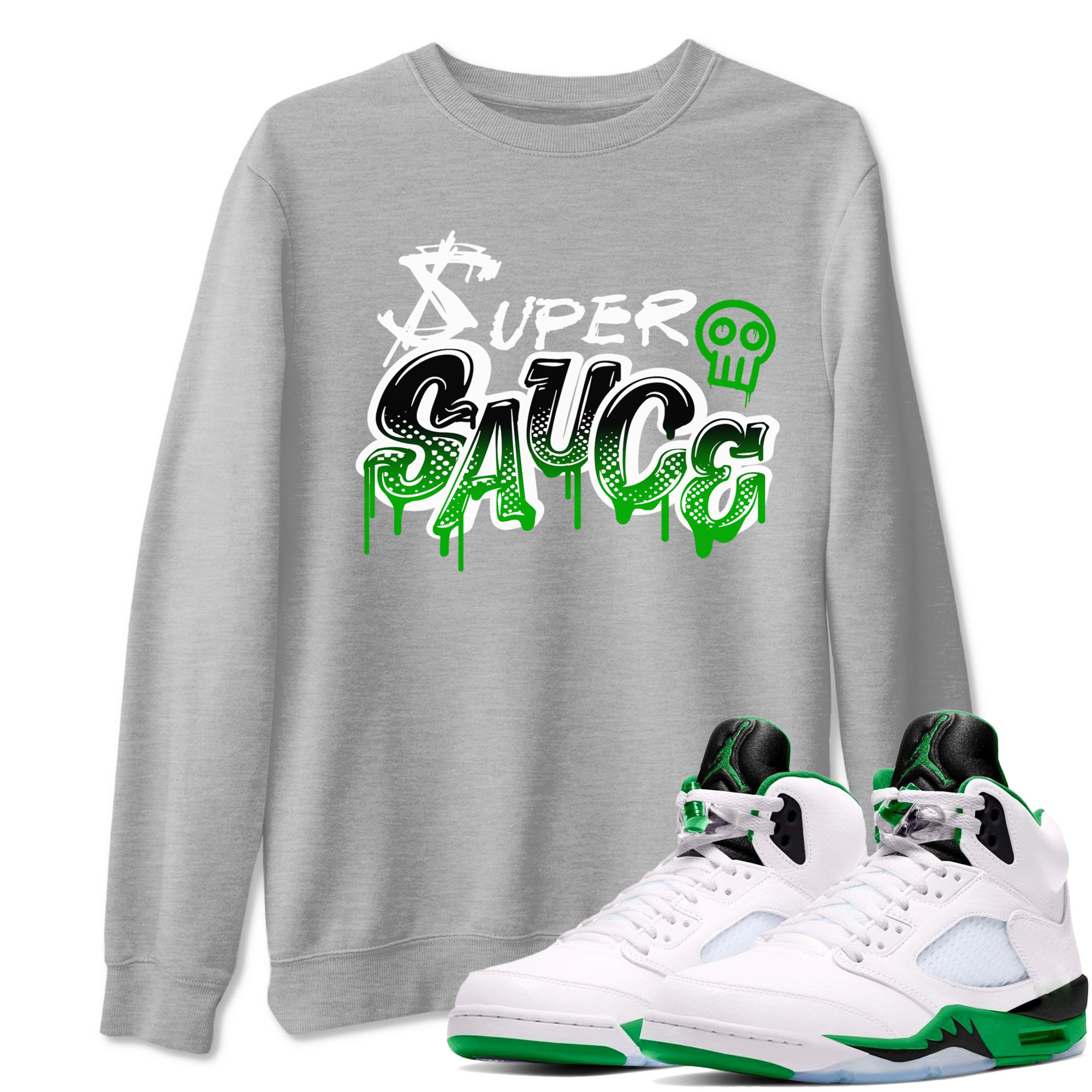 5s Lucky Green shirt to match jordans Super Sauce sneaker tees Air Jordan 5 Lucky Green Drip Gear Zone unisex cotton Heather Grey 1 crew neck shirt
