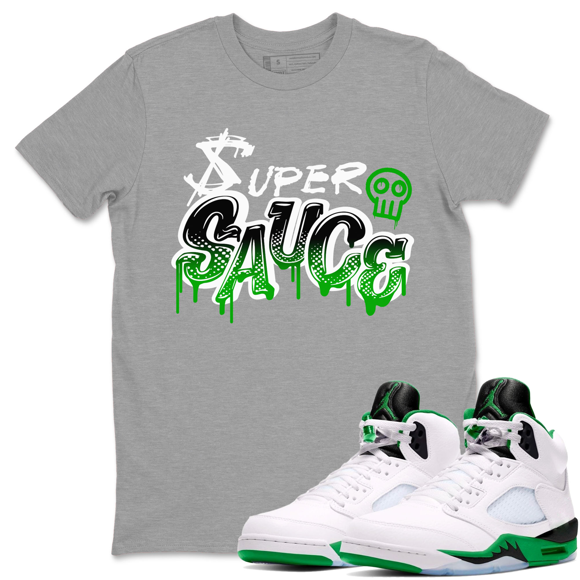 5s Lucky Green shirt to match jordans Super Sauce sneaker tees Air Jordan 5 Lucky Green Drip Gear Zone unisex cotton Heather Grey 1 crew neck shirt