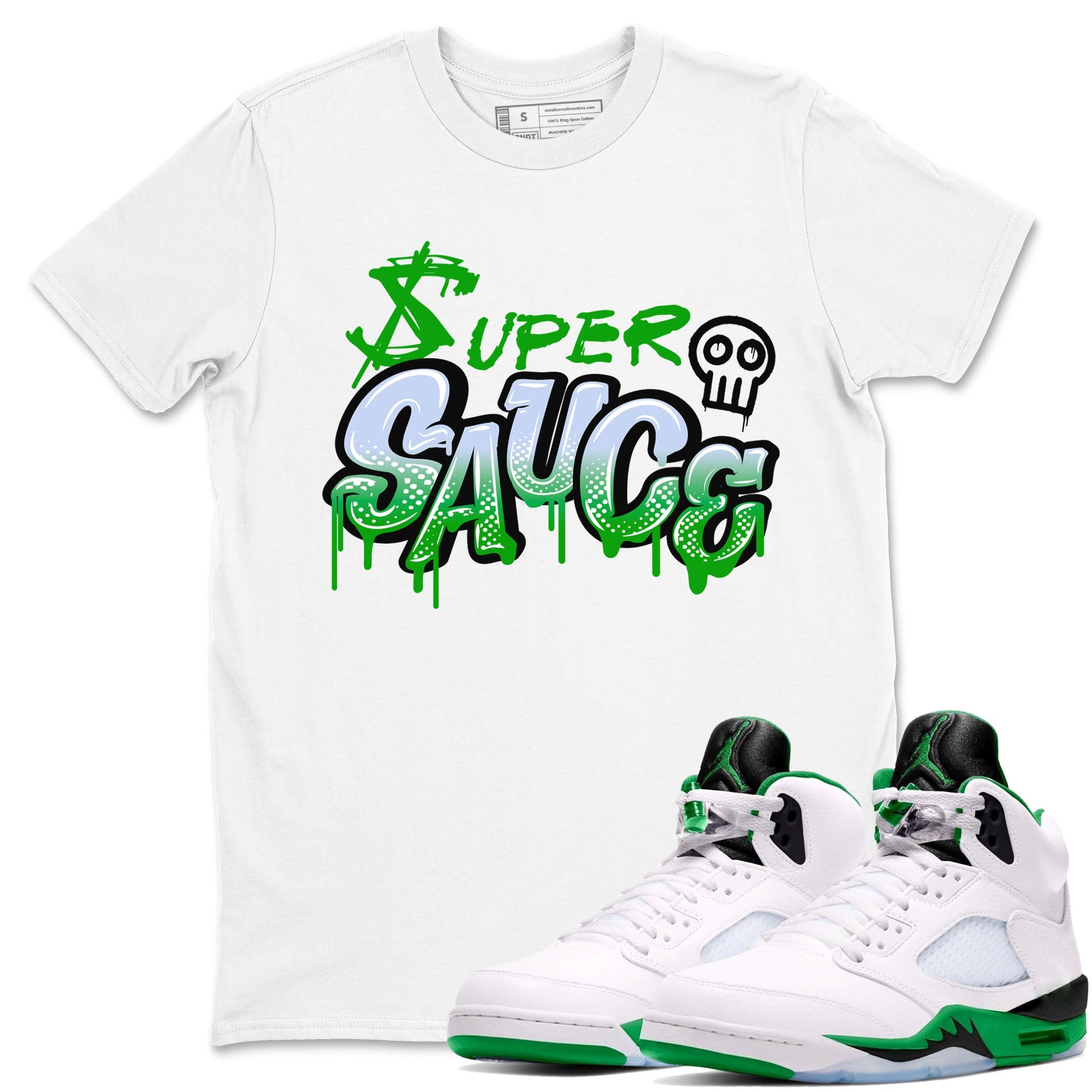 5s Lucky Green shirt to match jordans Super Sauce sneaker tees Air Jordan 5 Lucky Green Drip Gear Zone unisex cotton White 1 crew neck shirt