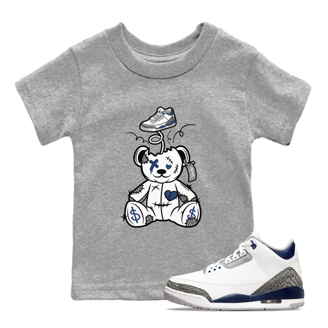 3s Midnight Navy shirt to match jordans Surprise Teddy Bear sneaker match tee Air Jordan 3 Midnight Navy Drip Gear Zone baby toddler Heather Grey 1 cotton Shirt