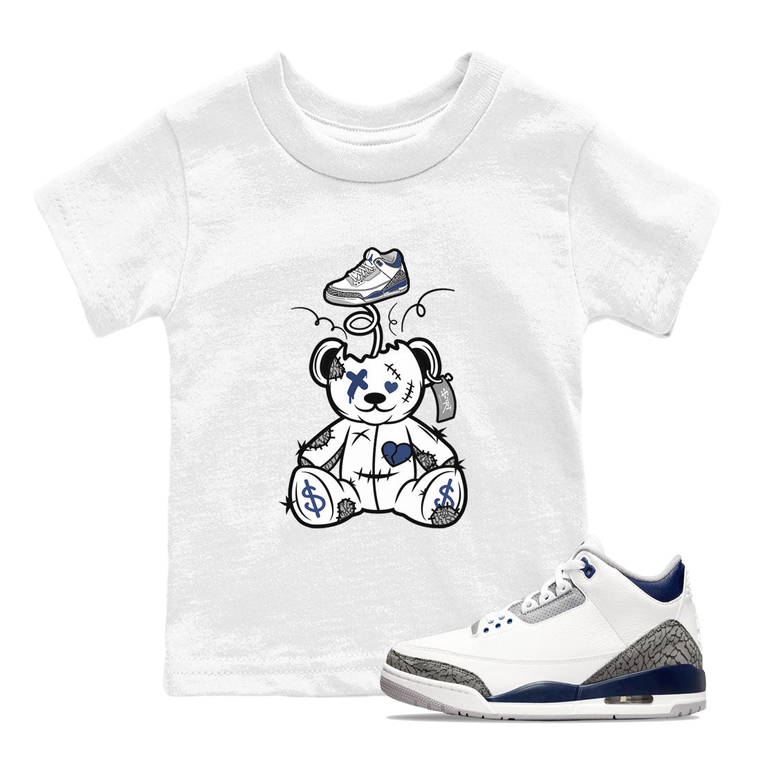 3s Midnight Navy shirt to match jordans Surprise Teddy Bear sneaker match tee Air Jordan 3 Midnight Navy Drip Gear Zone baby toddler White 1 cotton Shirt