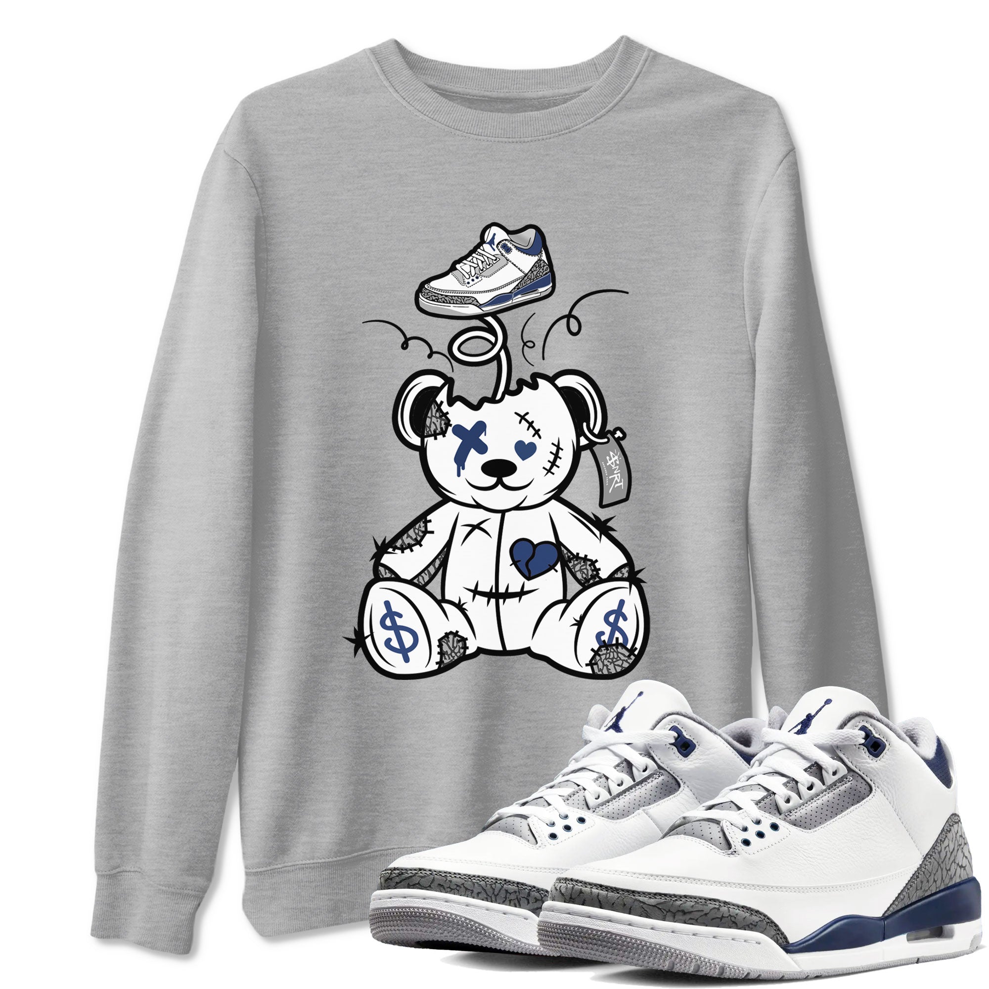 3s Midnight Navy shirt to match jordans Surprise Teddy Bear sneaker match tee Air Jordan 3 Midnight Navy Drip Gear Zone unisex cotton Heather Grey 1 crew neck shirt