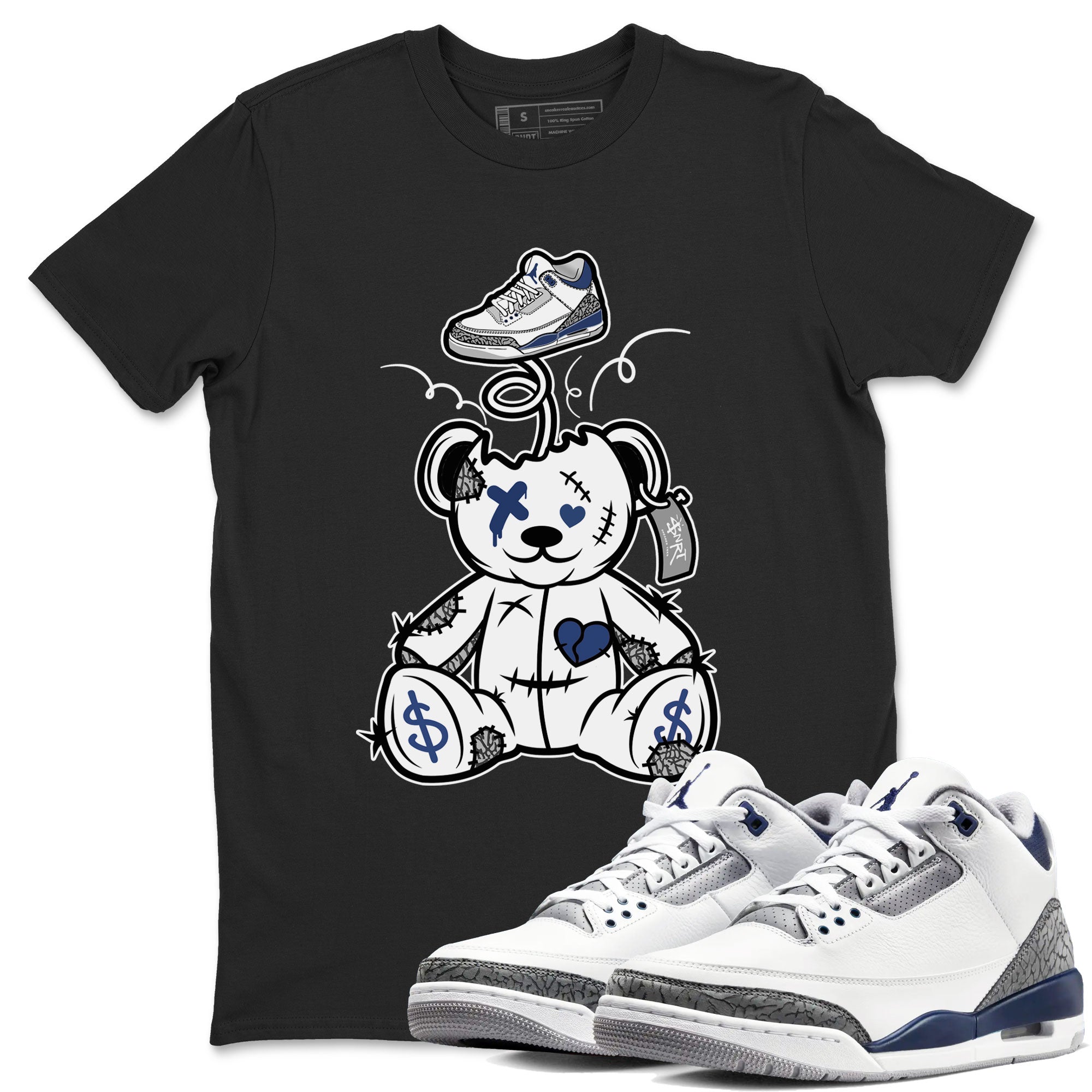 3s Midnight Navy shirt to match jordans Surprise Teddy Bear sneaker match tee Air Jordan 3 Midnight Navy Drip Gear Zone unisex cotton Black 1 crew neck shirt