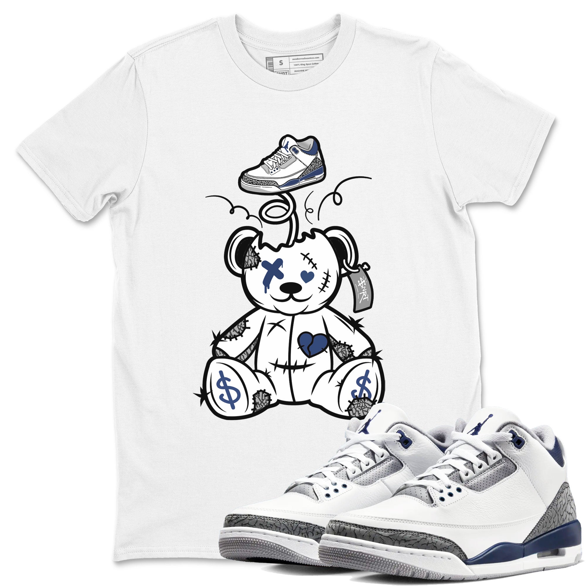 3s Midnight Navy shirt to match jordans Surprise Teddy Bear sneaker match tee Air Jordan 3 Midnight Navy Drip Gear Zone unisex cotton White 1 crew neck shirt