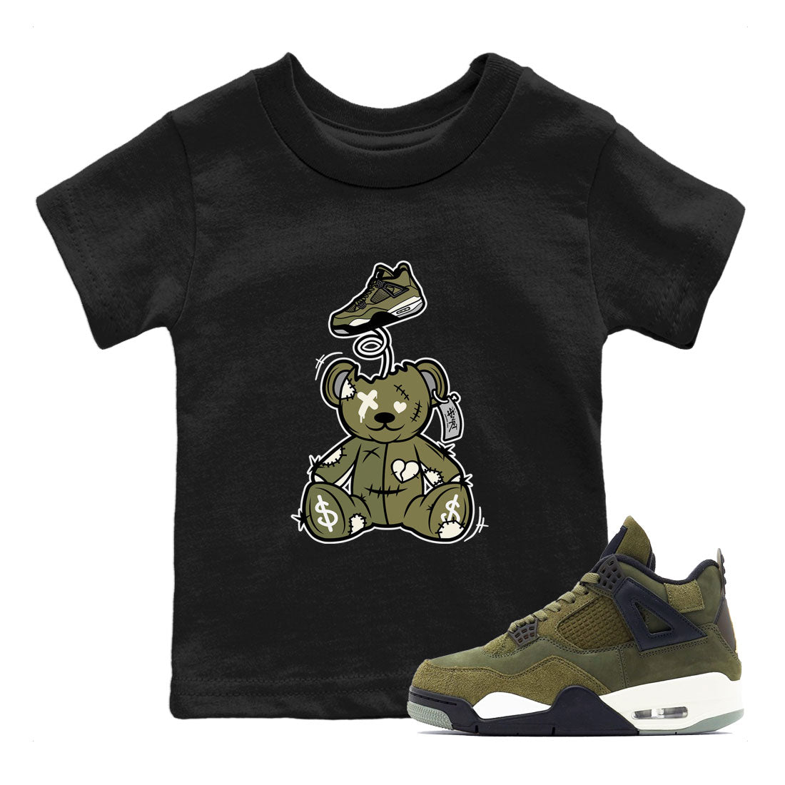 Air Jordan 4 Medium Olive shirt to match jordans streetwear brand Surprise Teddy Bear sneaker tees Air Jordan 4 Medium Olive Drip Gear Zone Baby Toddler Black 1 T-Shirt