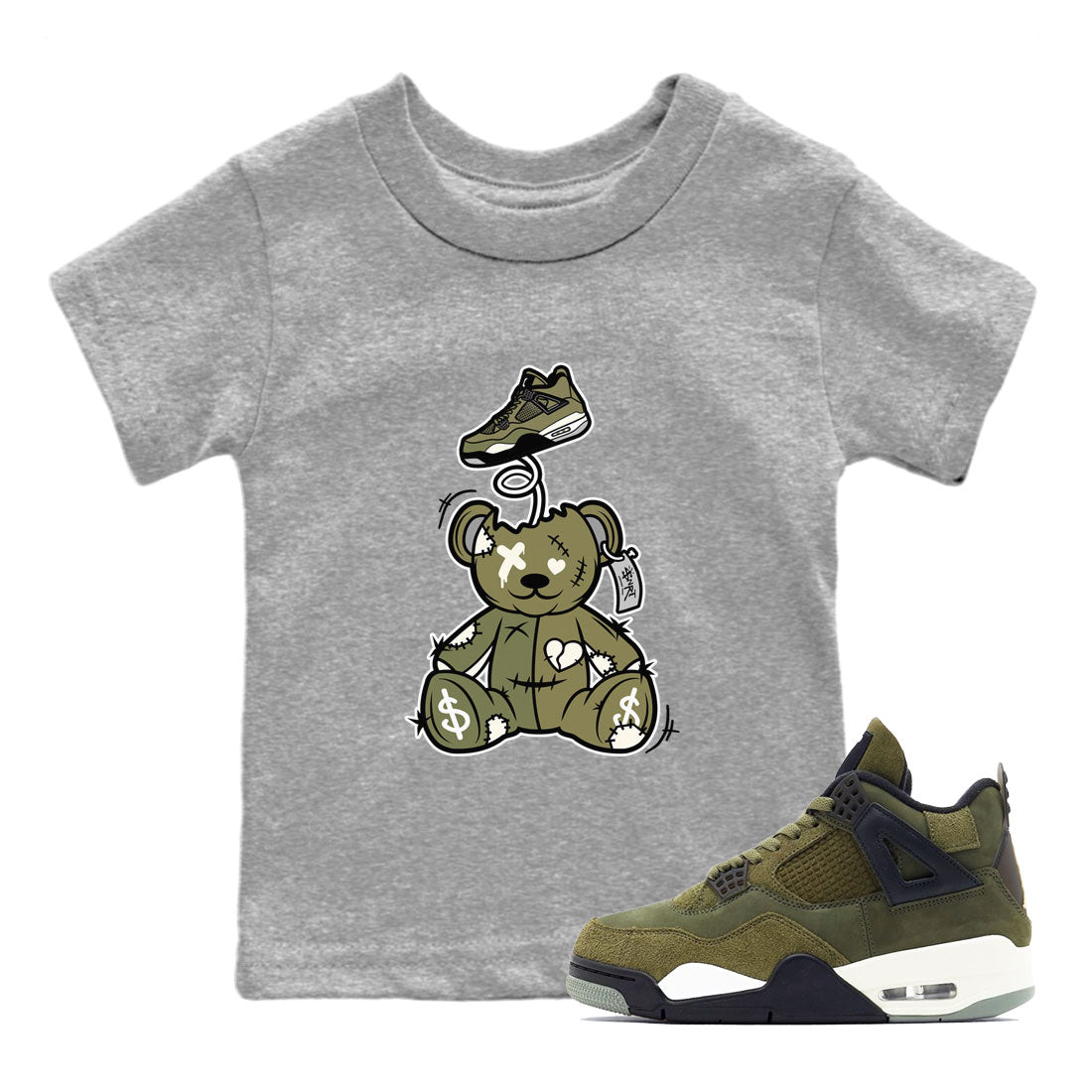 Air Jordan 4 Medium Olive shirt to match jordans streetwear brand Surprise Teddy Bear sneaker tees Air Jordan 4 Medium Olive Drip Gear Zone Baby Toddler Heather Grey 1 T-Shirt